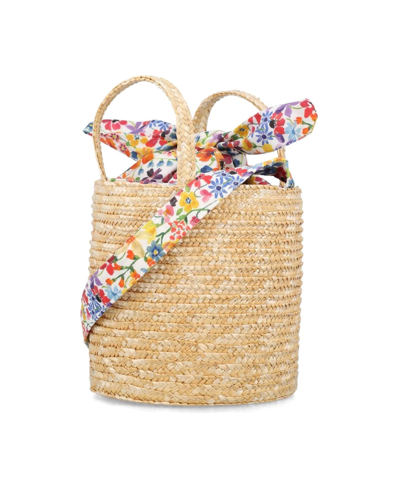 Il Gufo Liberty Fabric Cotton And Natural Straw Bucket Bag - Multicolour