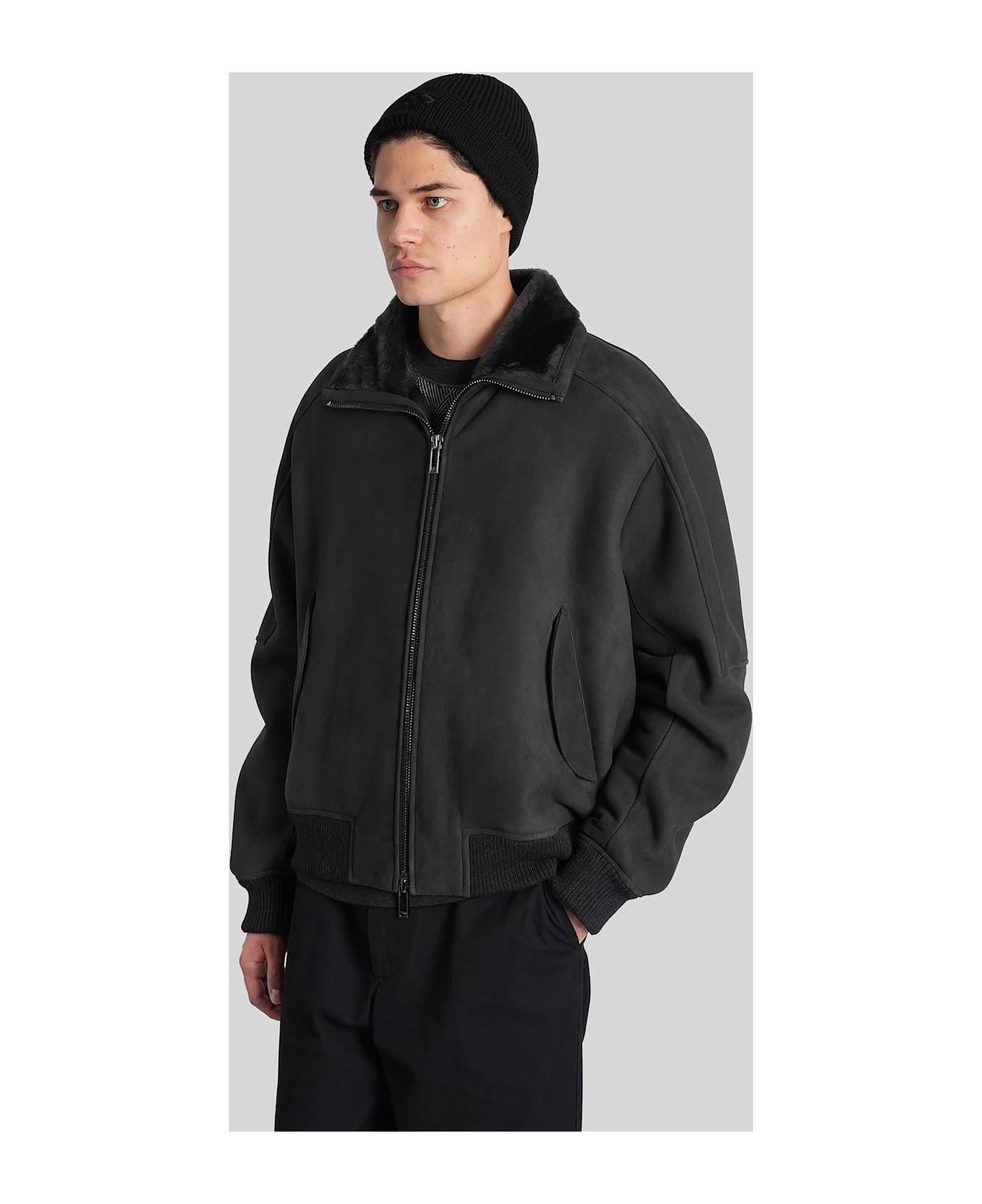 Emporio Armani Leather Jacket In Grey Leather - grey