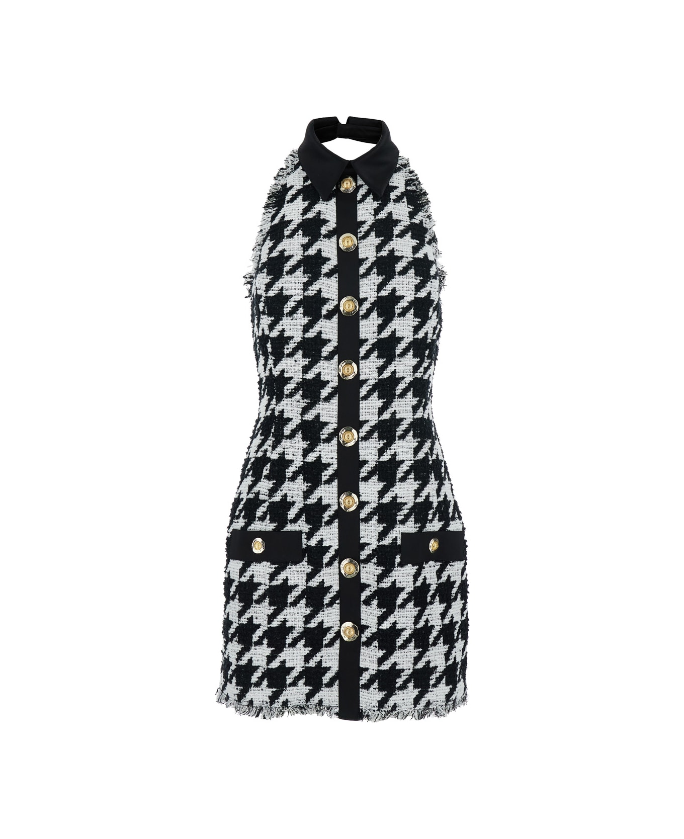 Balmain Buttoned Halterneck Tweed 
Satin Dress - White/black