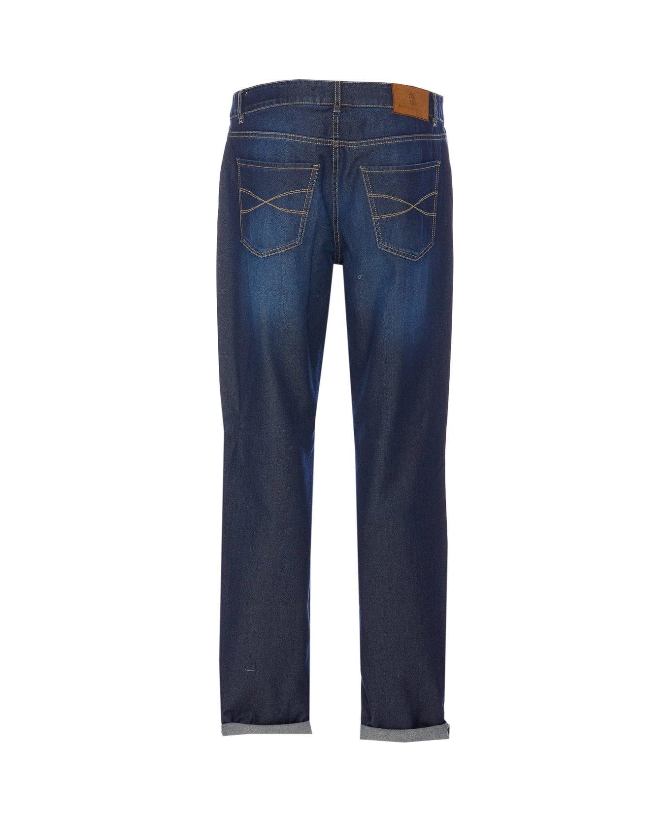 Brunello Cucinelli Logo Patch Turn-up Hem Jeans - Blue