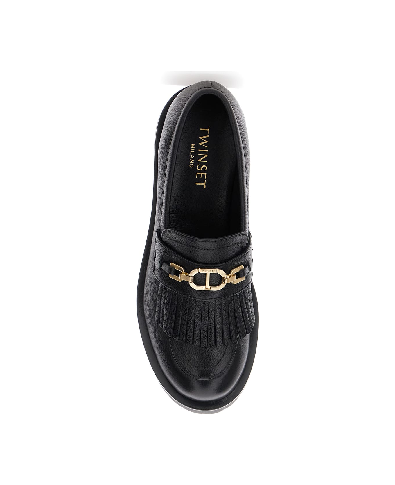 TwinSet Black Loafers With Platform And Metallic Logo In Leather Woman - Black