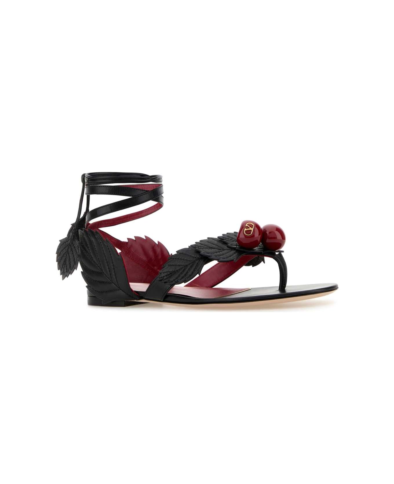 Valentino Garavani Black Leather Cherryfic Thong Sandals - NERO