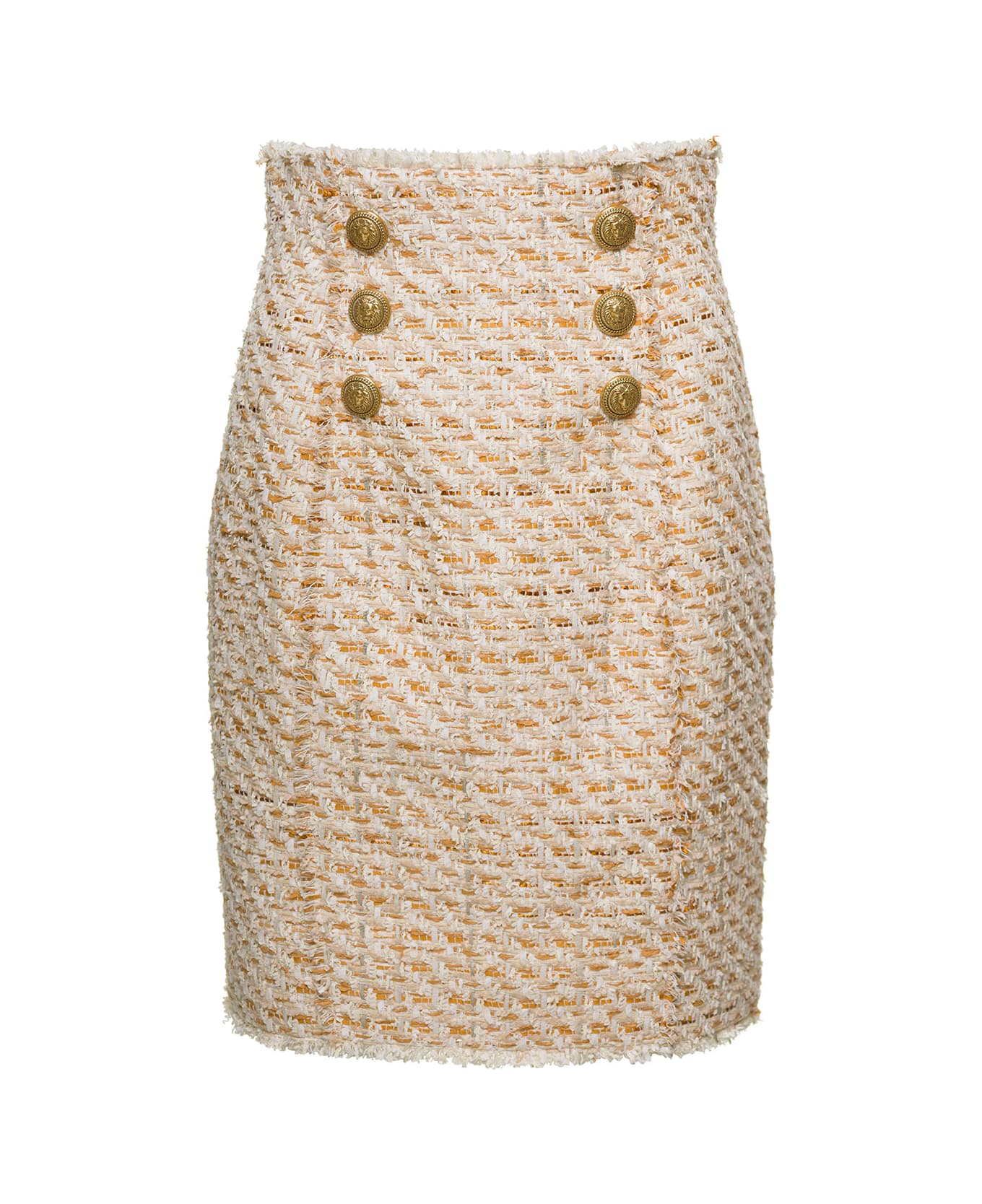 Balmain Beige Tweed Skirt With Front Golden Buttons In Cotton Blend Woman - Beige