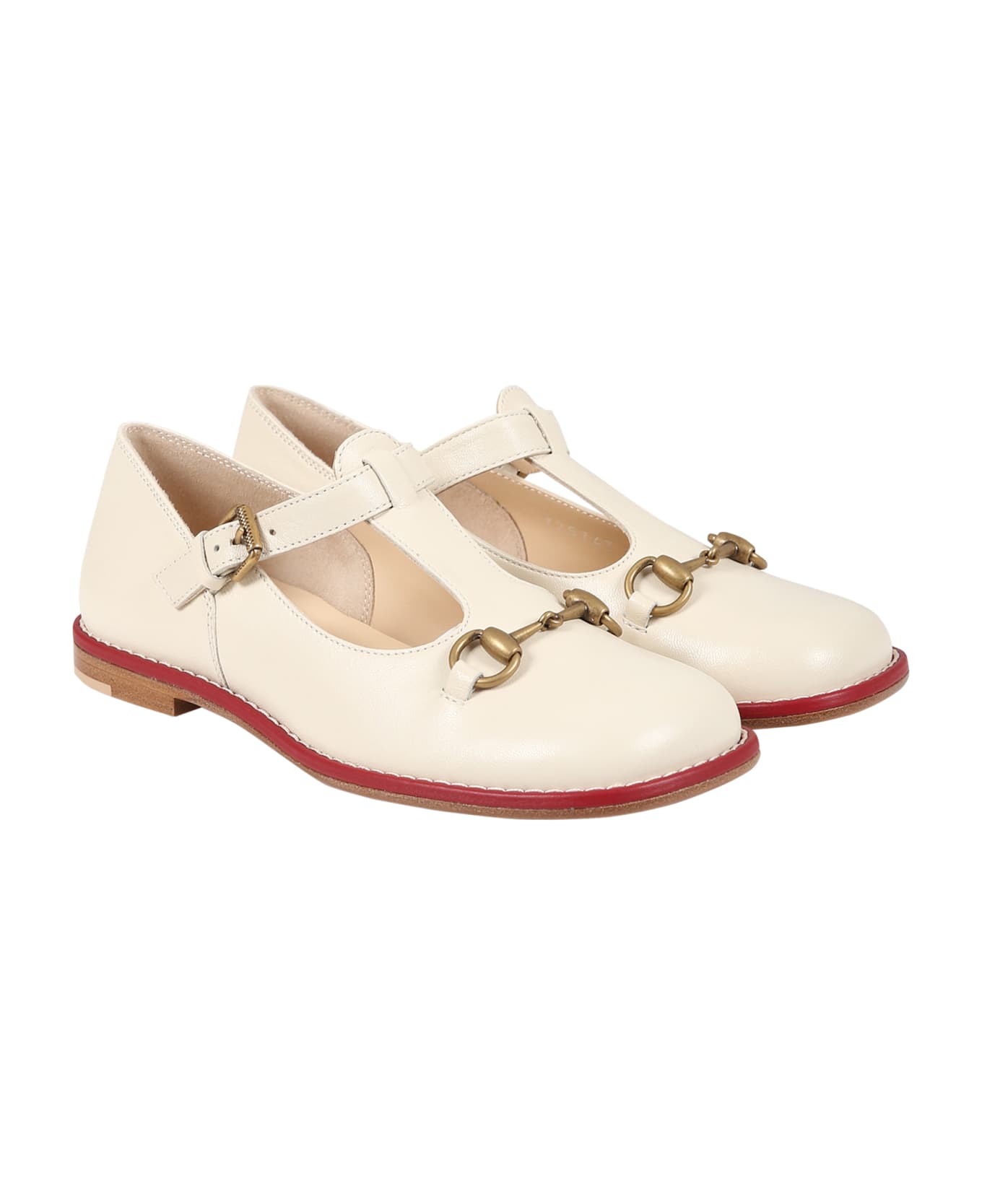 Gucci Ivory Ballet Flats For Girl With Iconic Horsebit - White シューズ