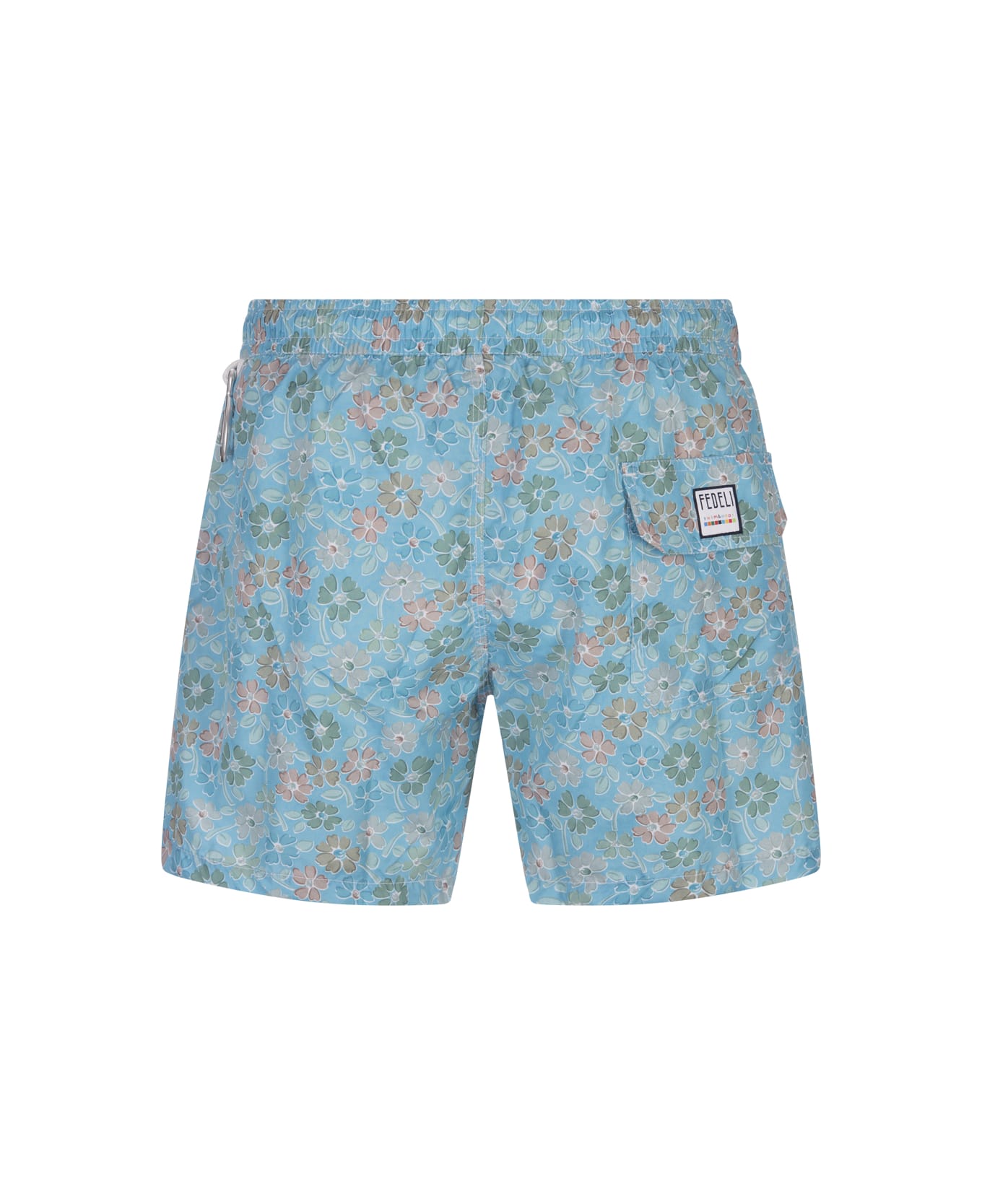 Fedeli Light Blue Swim Shorts With Multicoloured Flower Pattern - Blue