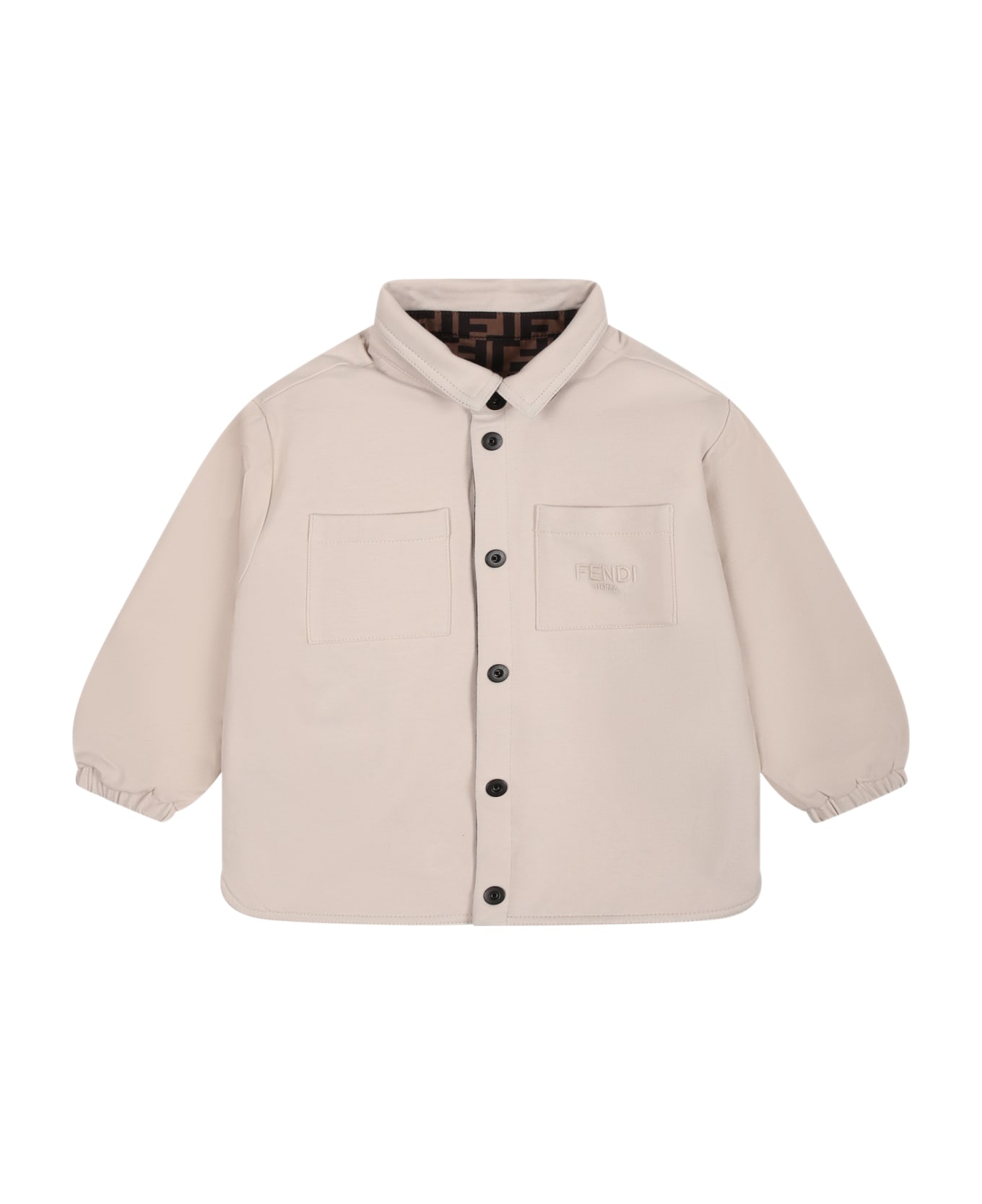 Fendi Reversible Beige Jacket For Baby Boy With Logo And Ff - Beige ボディスーツ＆セットアップ
