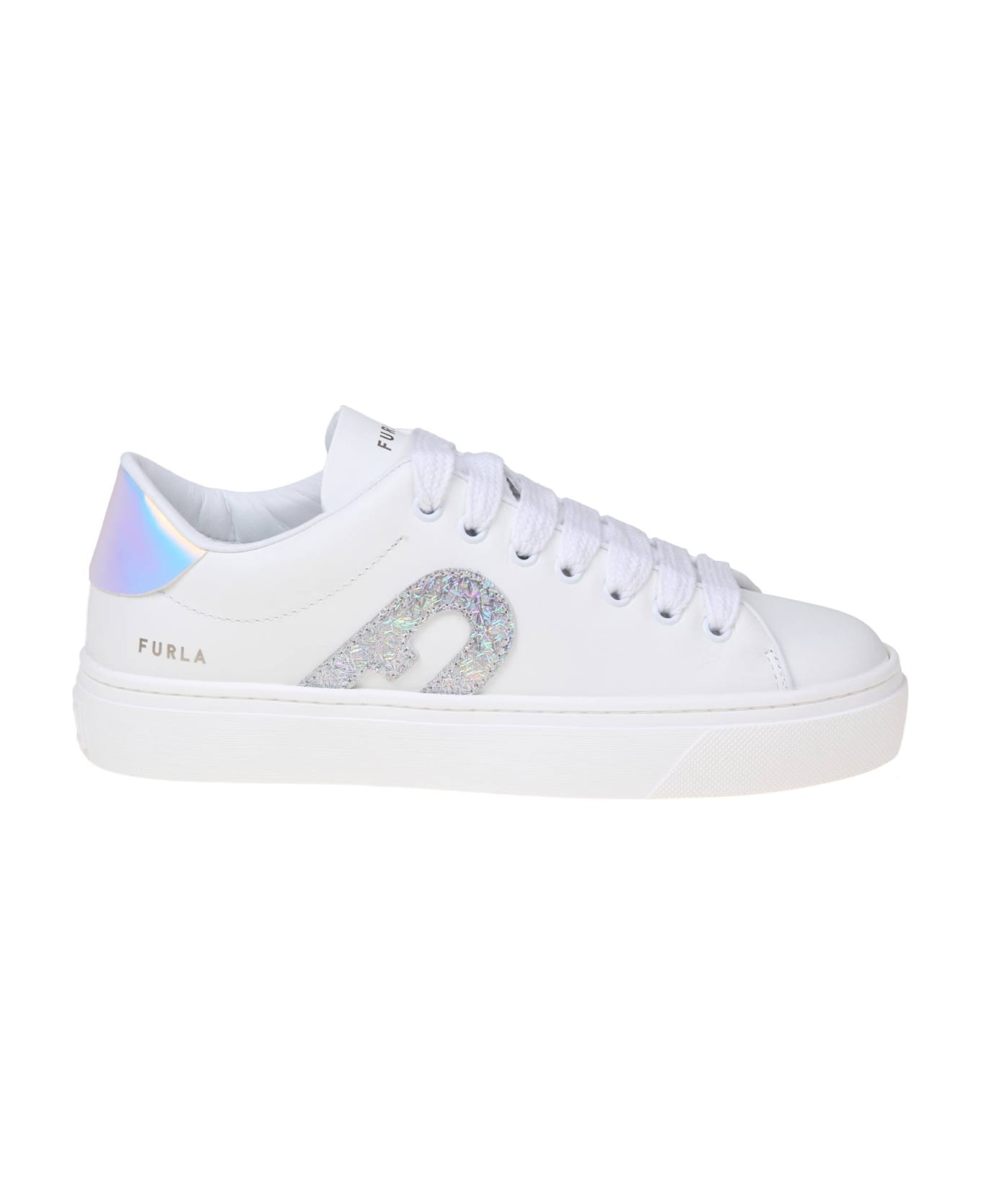 Furla Joy Lace Up Sneakers In White Leather - TALC/SILVER