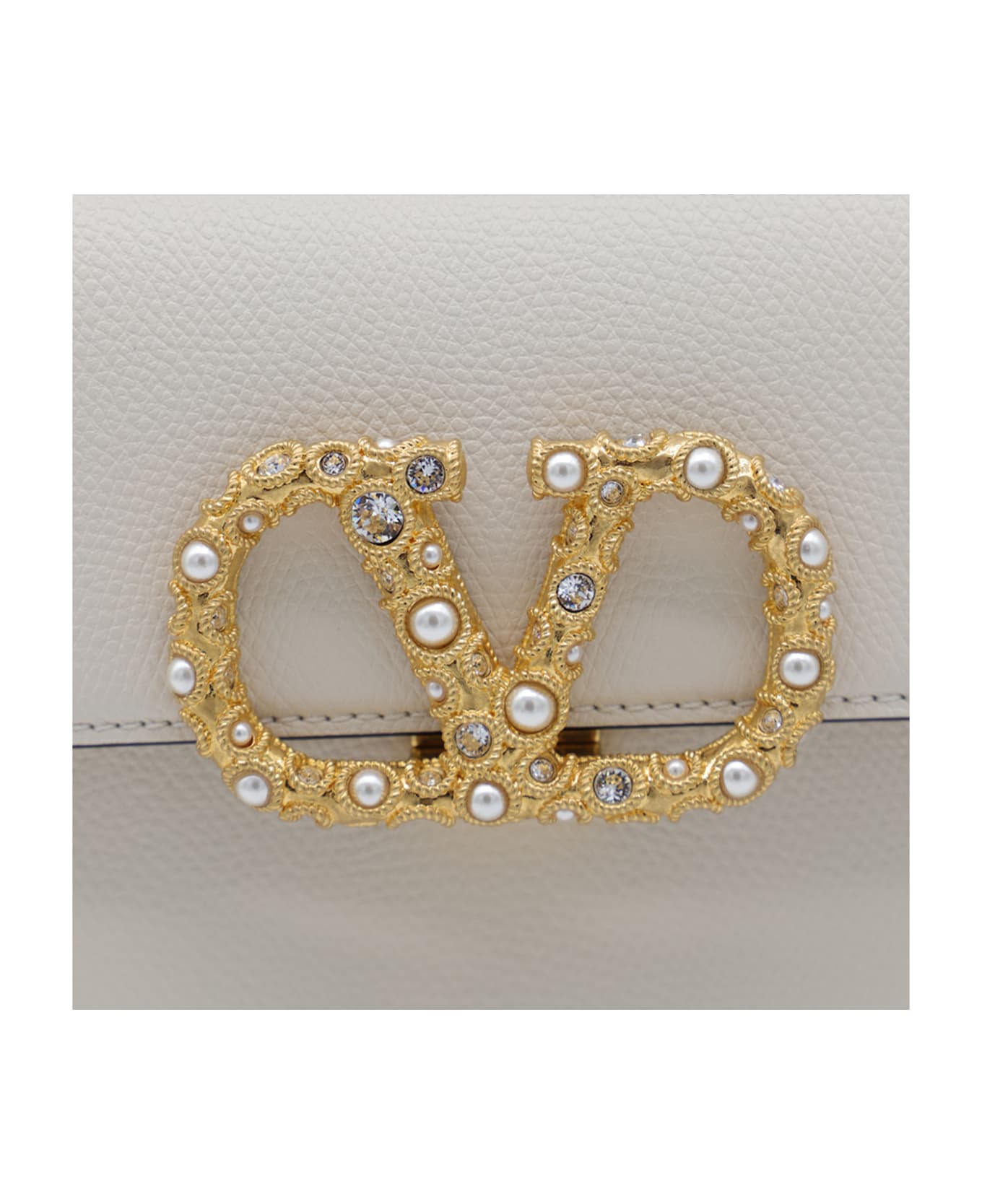 Valentino Garavani White Leather Vsling Top Handle Bag - LIGHT IVORY/CRYSTAL