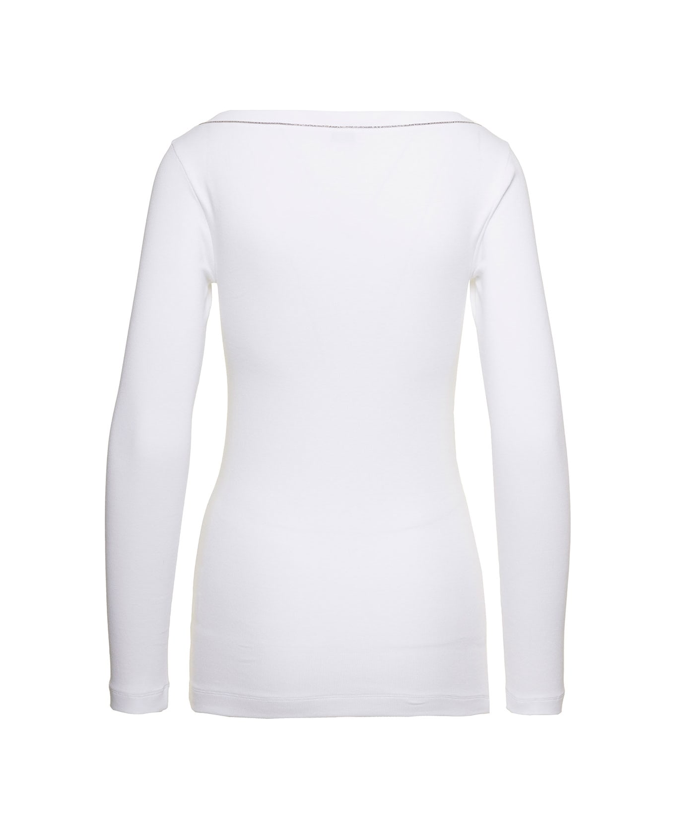 Brunello Cucinelli White V-neck Pullover With Beads Detailing In Stretch Cotton Woman - White Tシャツ