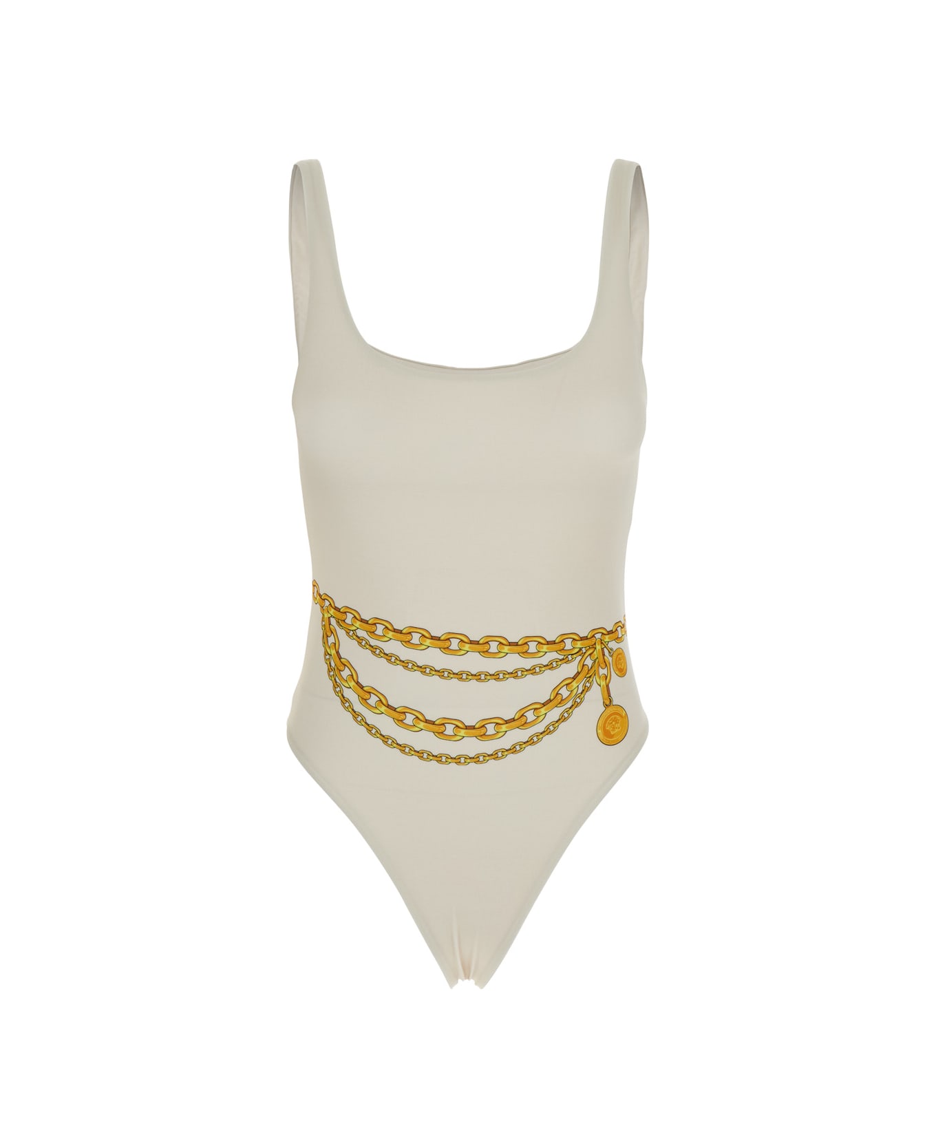 Versace White One-piece Swimsuit With Chain Print In Tech Fabric Woman - White