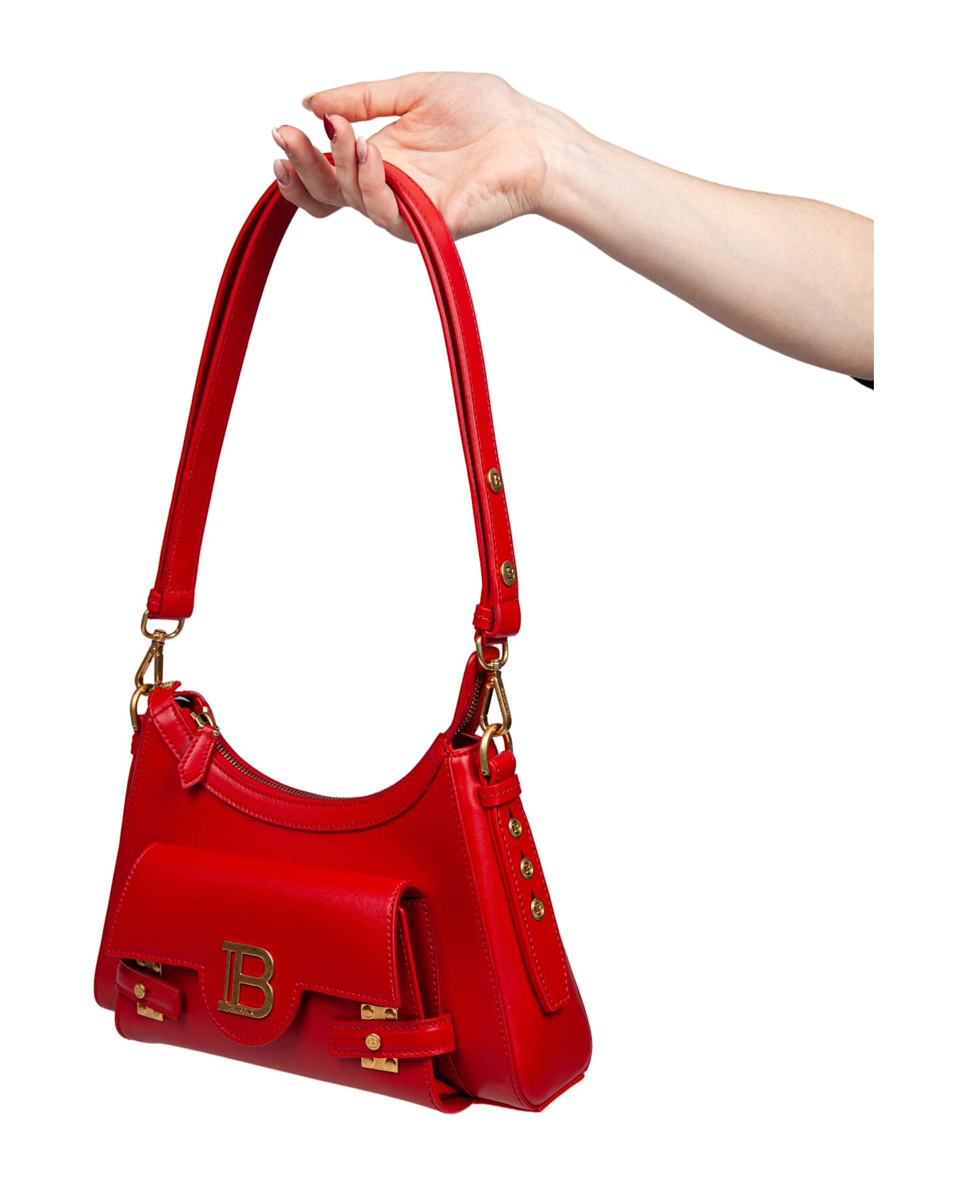 Balmain B-buzz Hobo Leather Shoulder Bag Red Color - Rouge