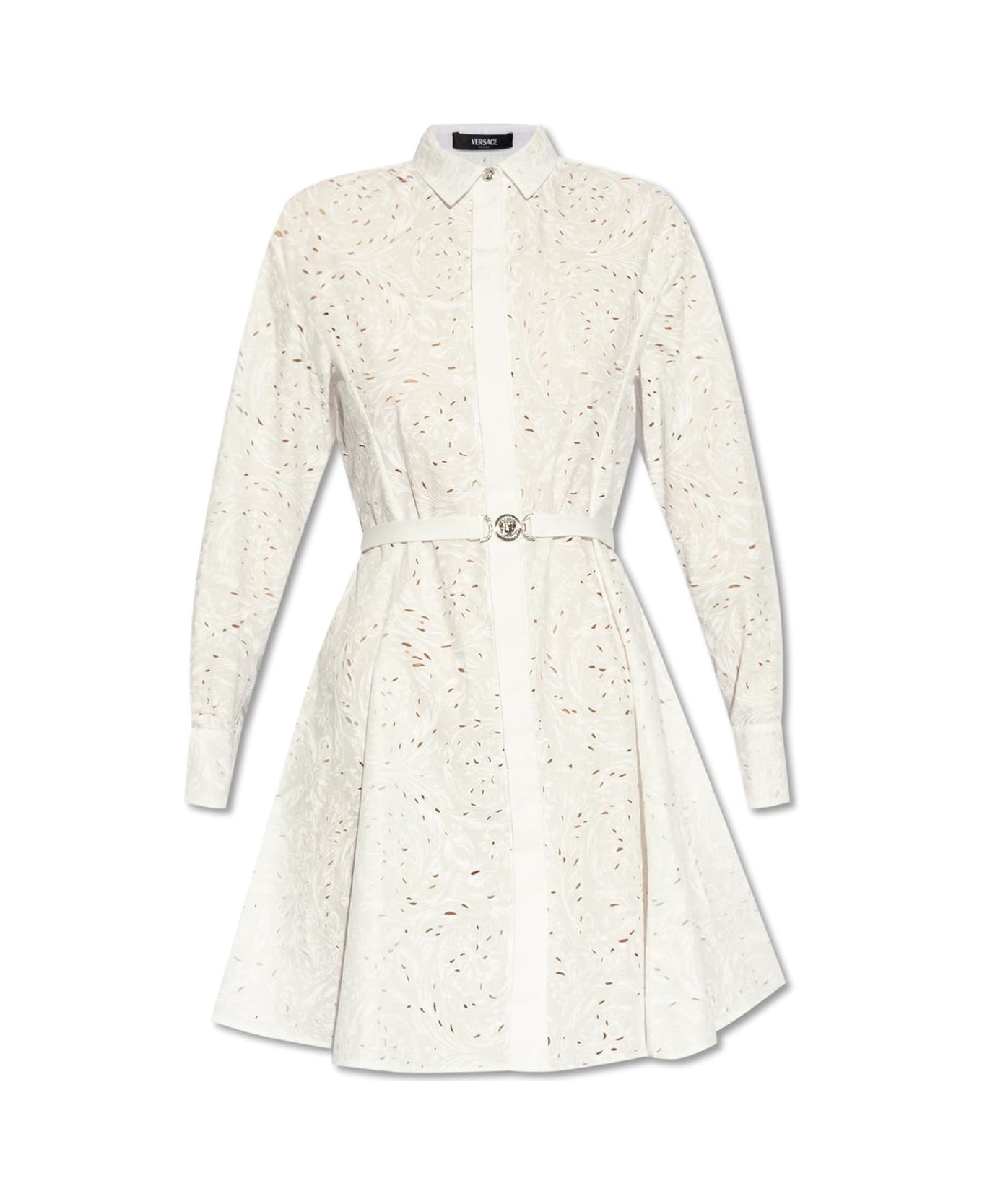 Versace Sangallo Barocco-embroidered Long-sleeved Shirt Dress - White