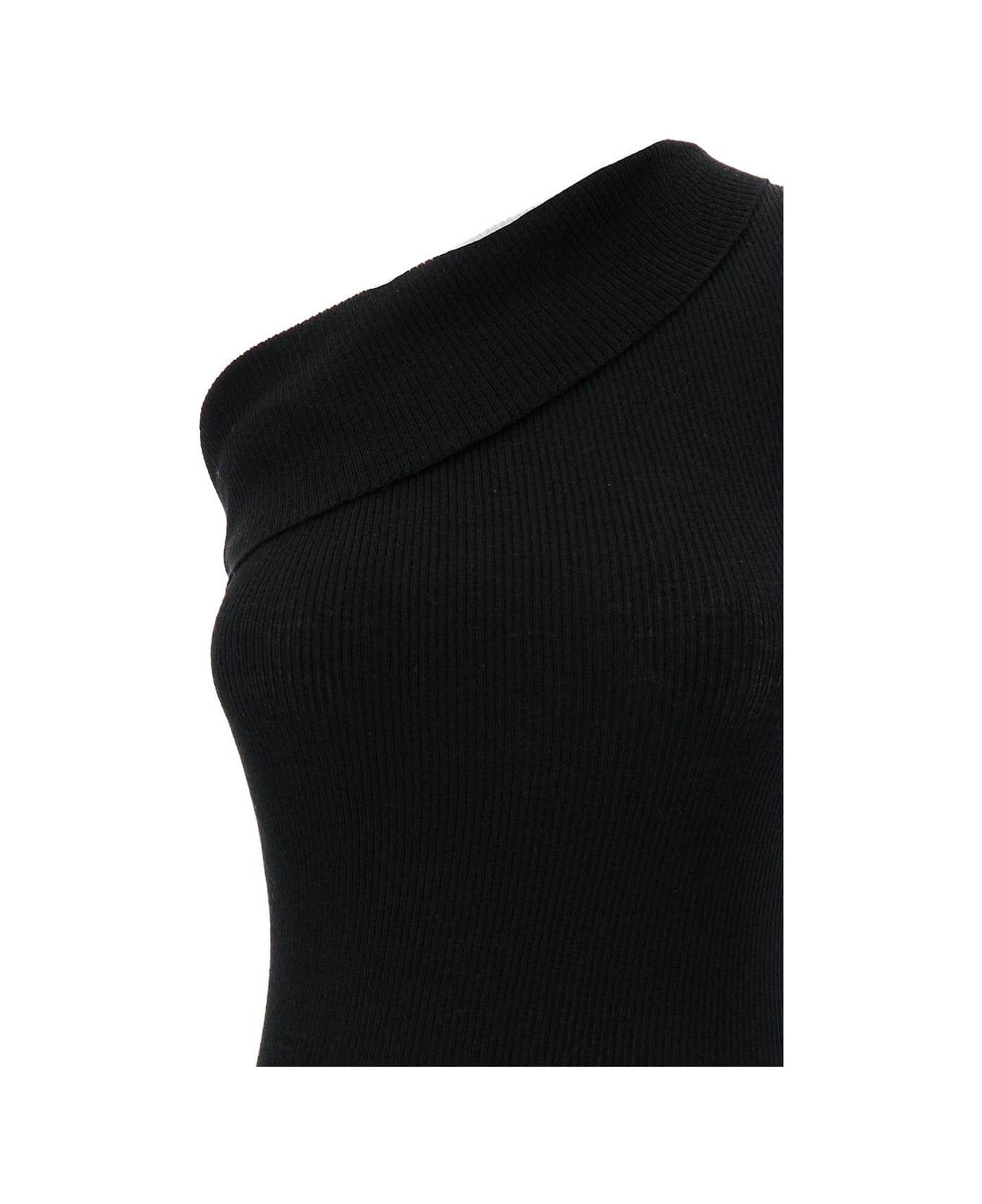 Rick Owens 'athena' Long Black Ribbed One Shoulder Dress In Wool Woman - Black