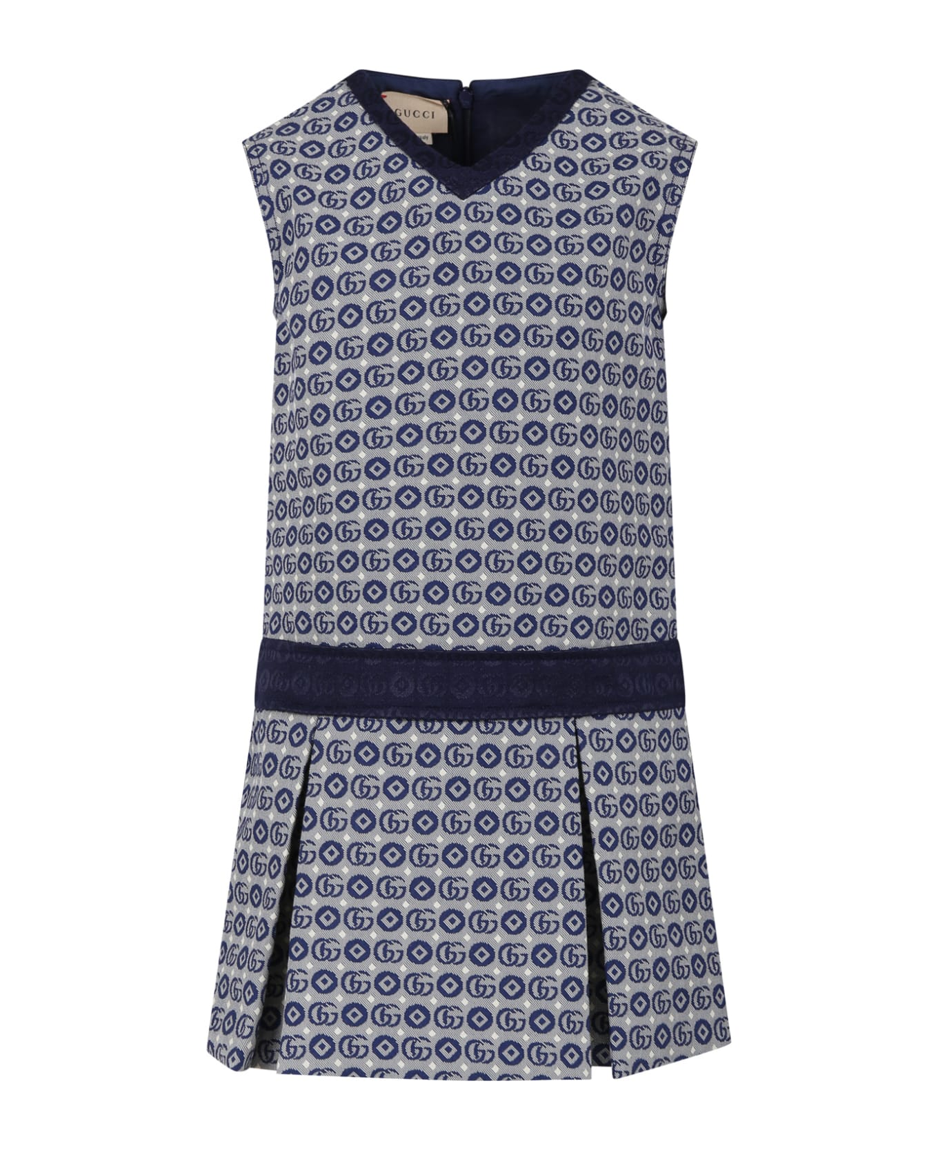 Gucci Blue Dress For Girl With Geometric Pattern And Double G - Blue