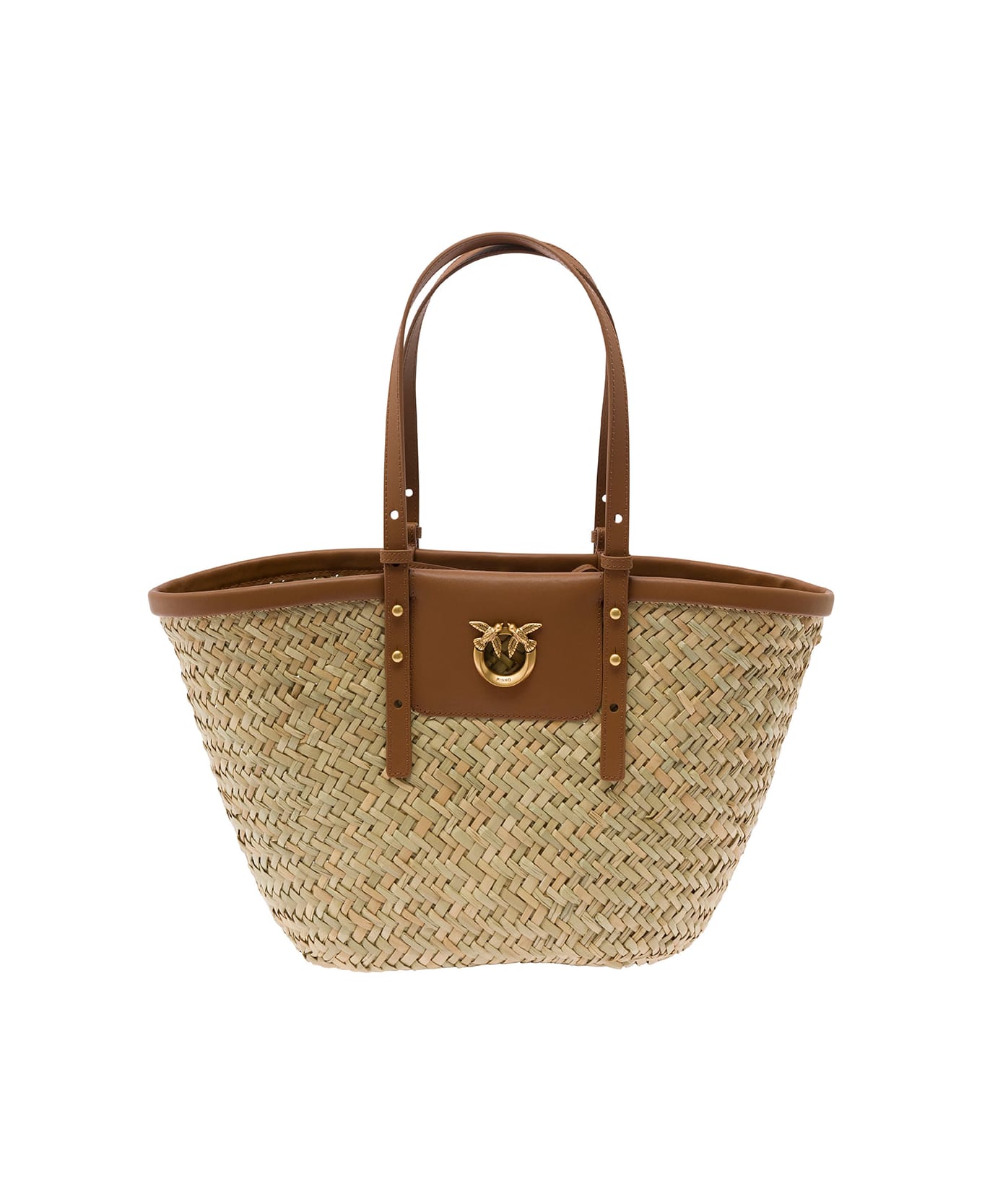 Pinko 'love Summer' Beige Tote Bag With Logo Detail In Rafia And Leather Woman - Beige