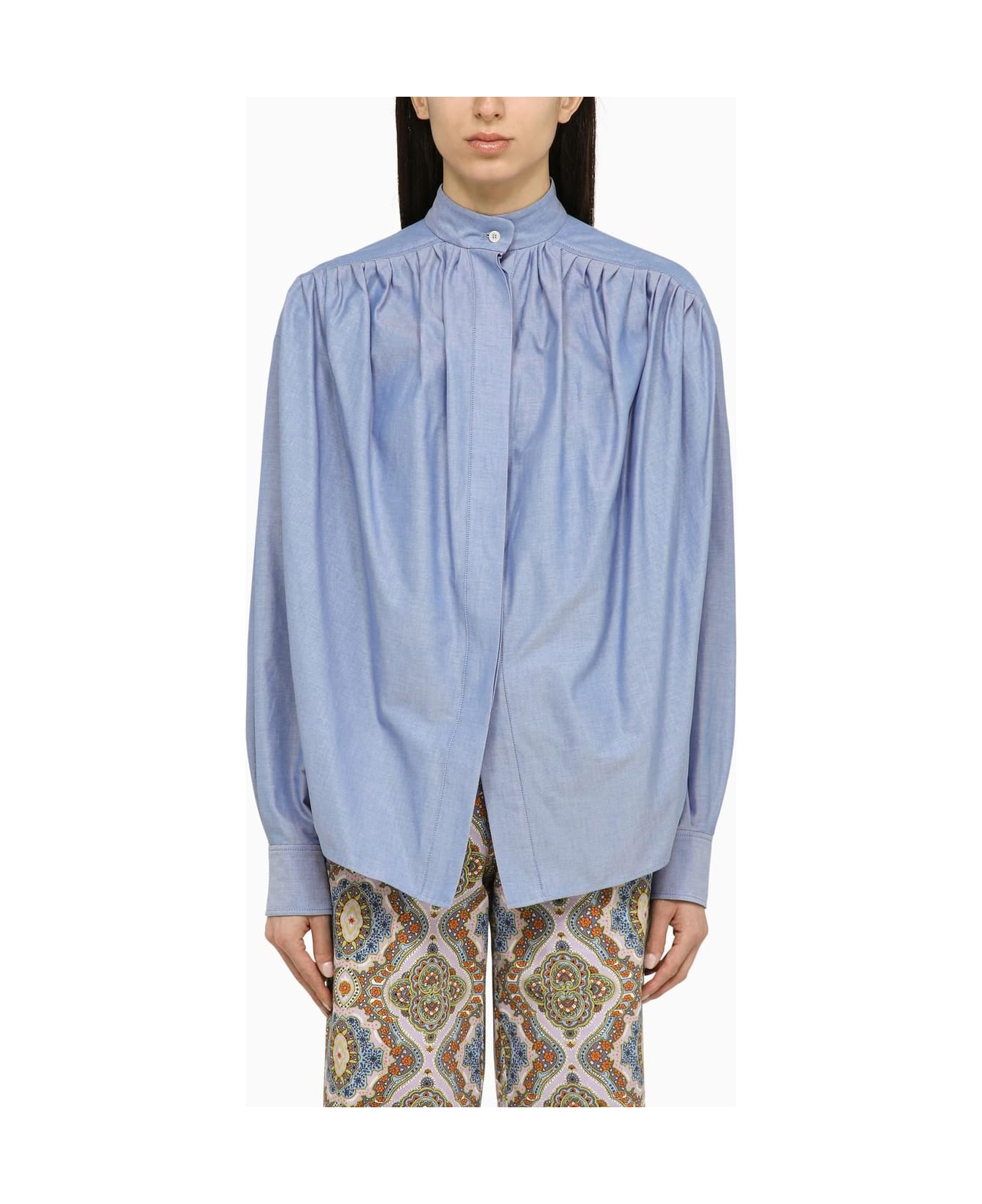 Etro Light Blue Cotton Blouse With Ruffled Pattern
