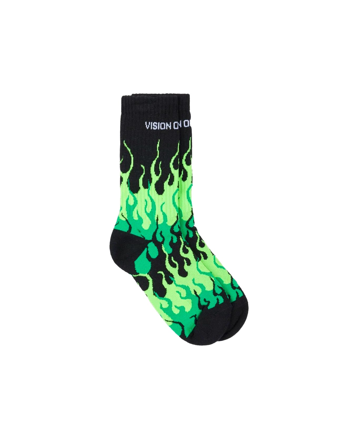 Vision of Super Black Socks With Triple Green Flame - Black