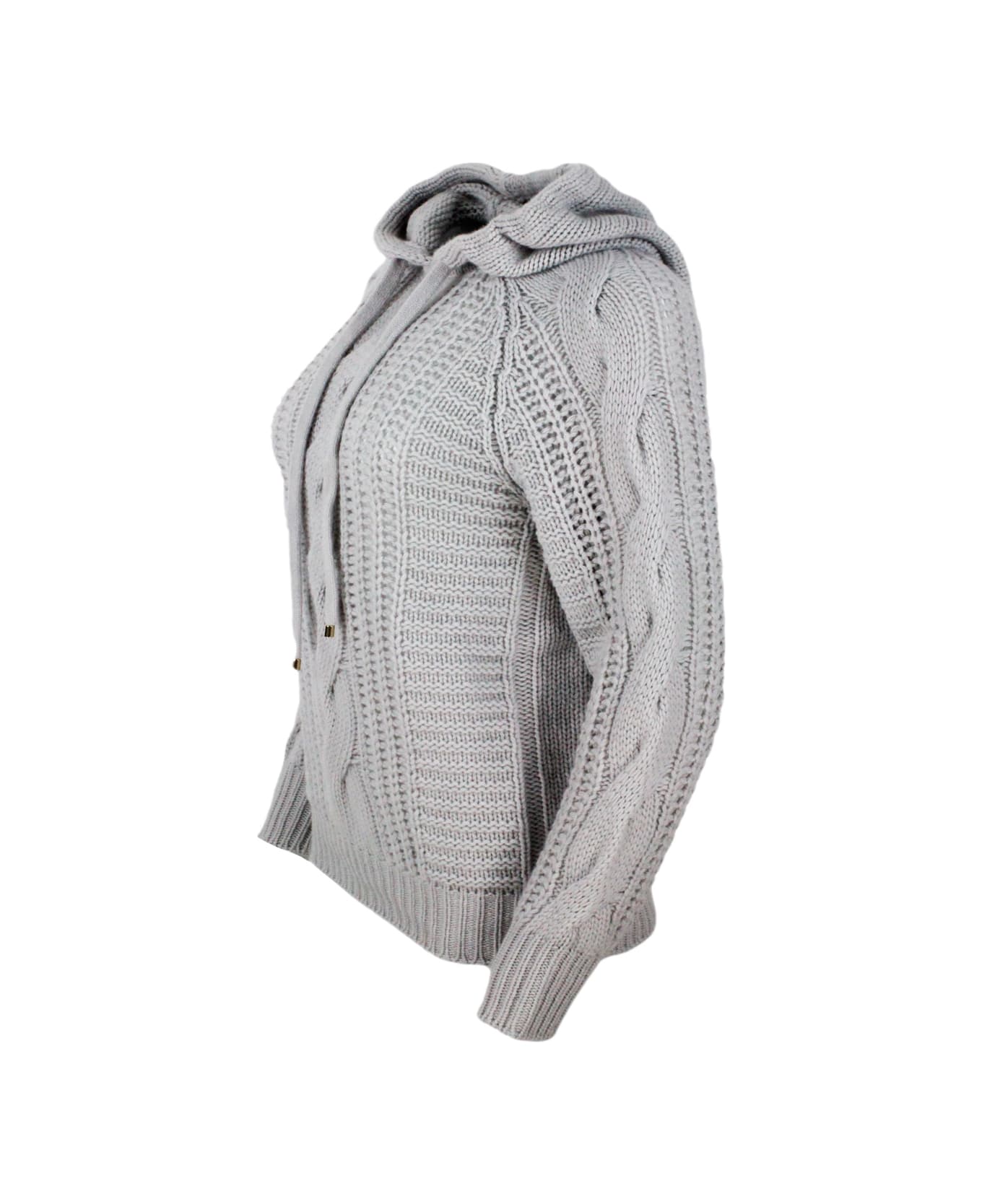 Lorena Antoniazzi Crewneck Sweater With Hood With Drawstring Made Of 100% Cashmere With Cable Knit - Grey