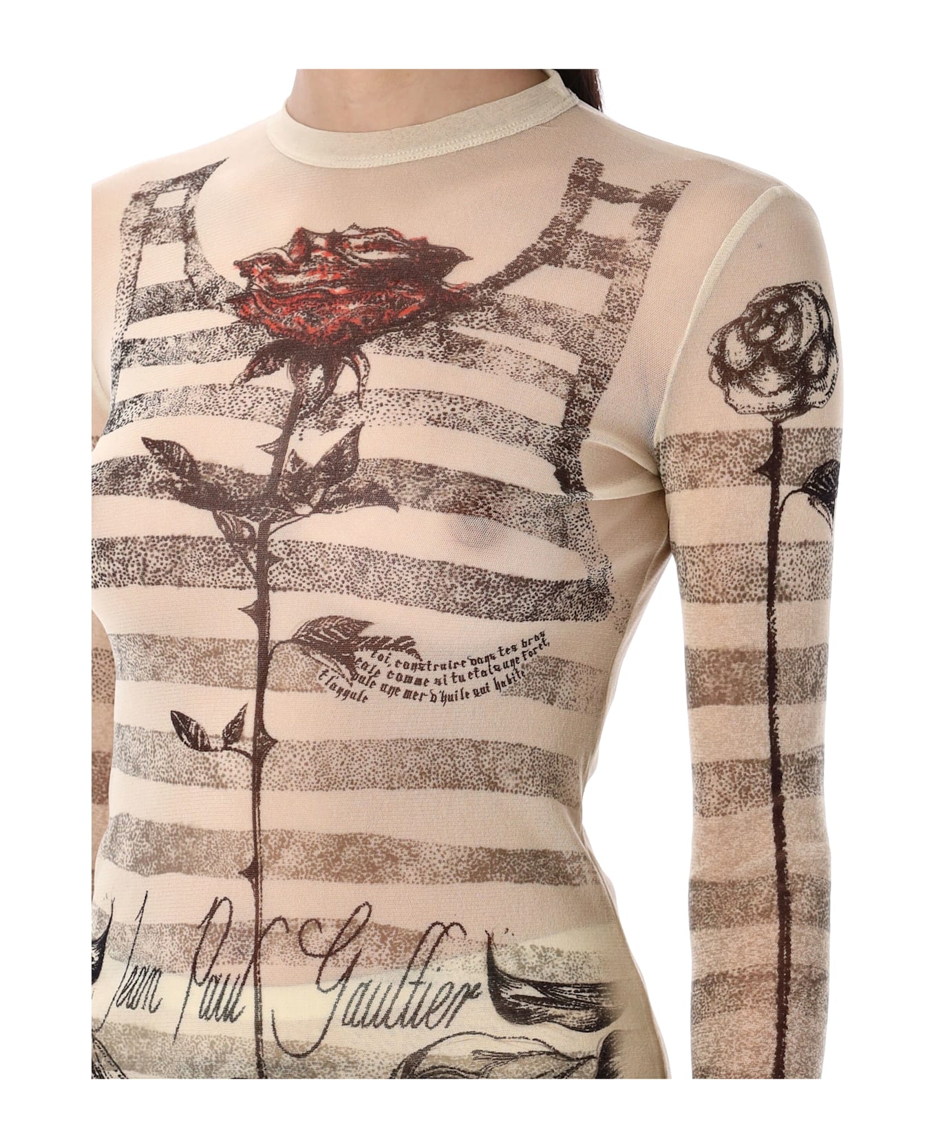 Jean Paul Gaultier Mesh Tatoo Mariner Top - ECRU BLACK RED