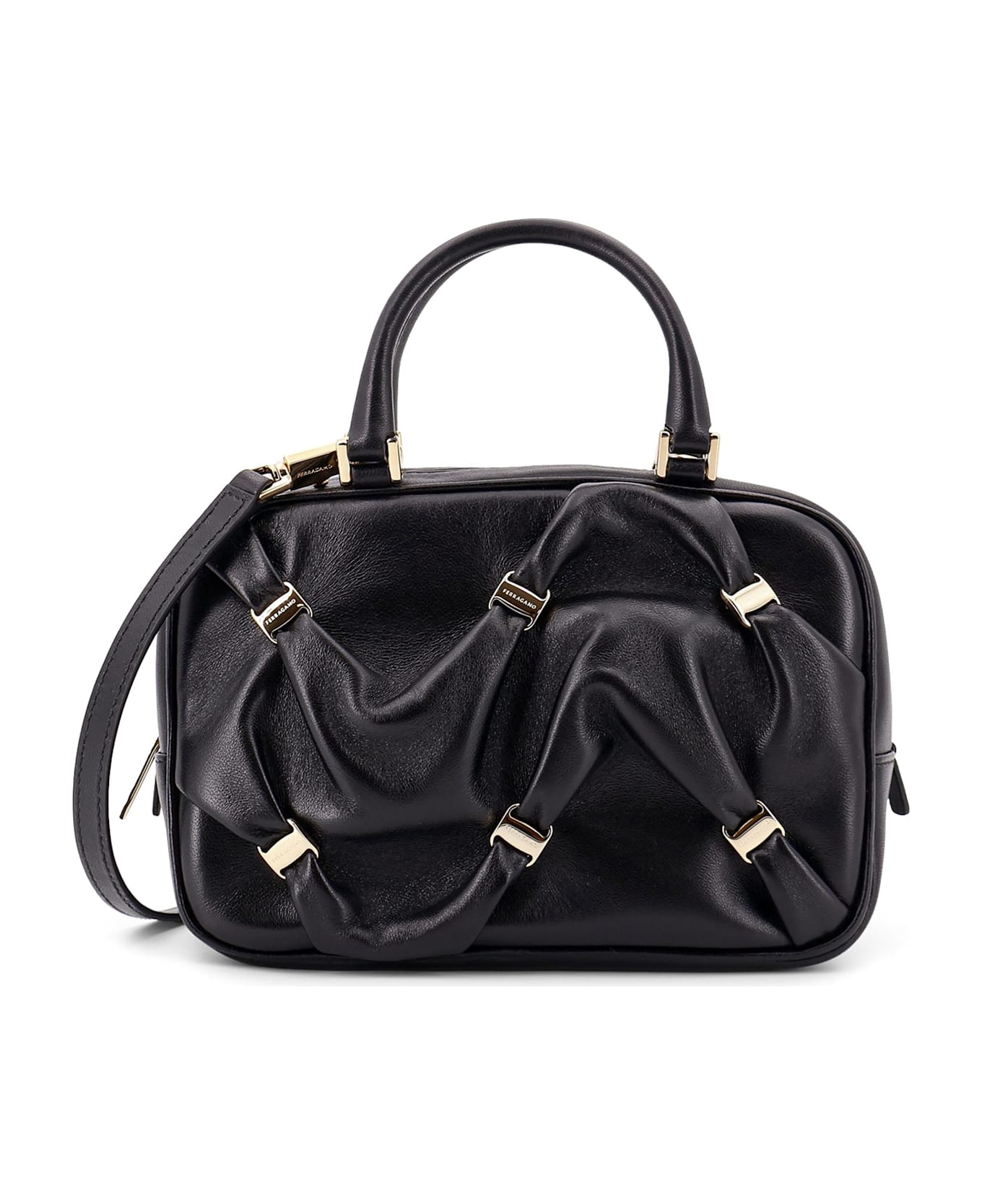 Ferragamo Leather Handbag With Draped Details Secured By Mini Vara Bows - Black