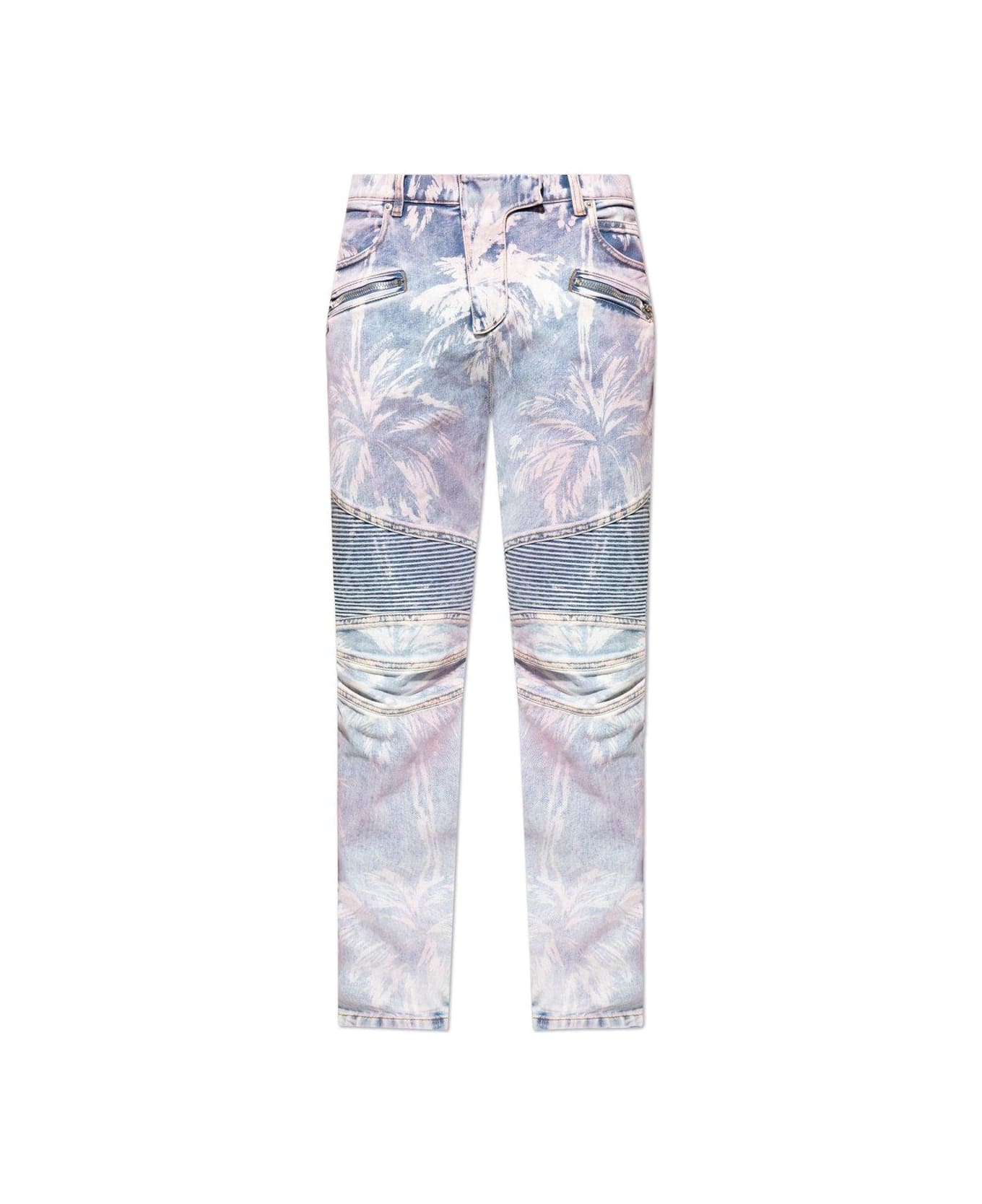 Balmain Palm Tree Printed Denim Biker Jeans - BLUE/PURPLE デニム