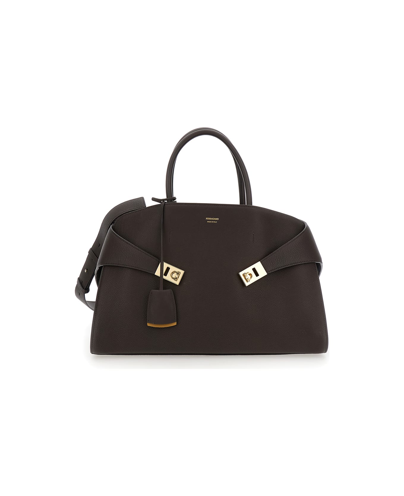 Ferragamo 'hug Bicolor' Brown Handbag With Logo And Gancini Buckle In Leather Woman - Brown