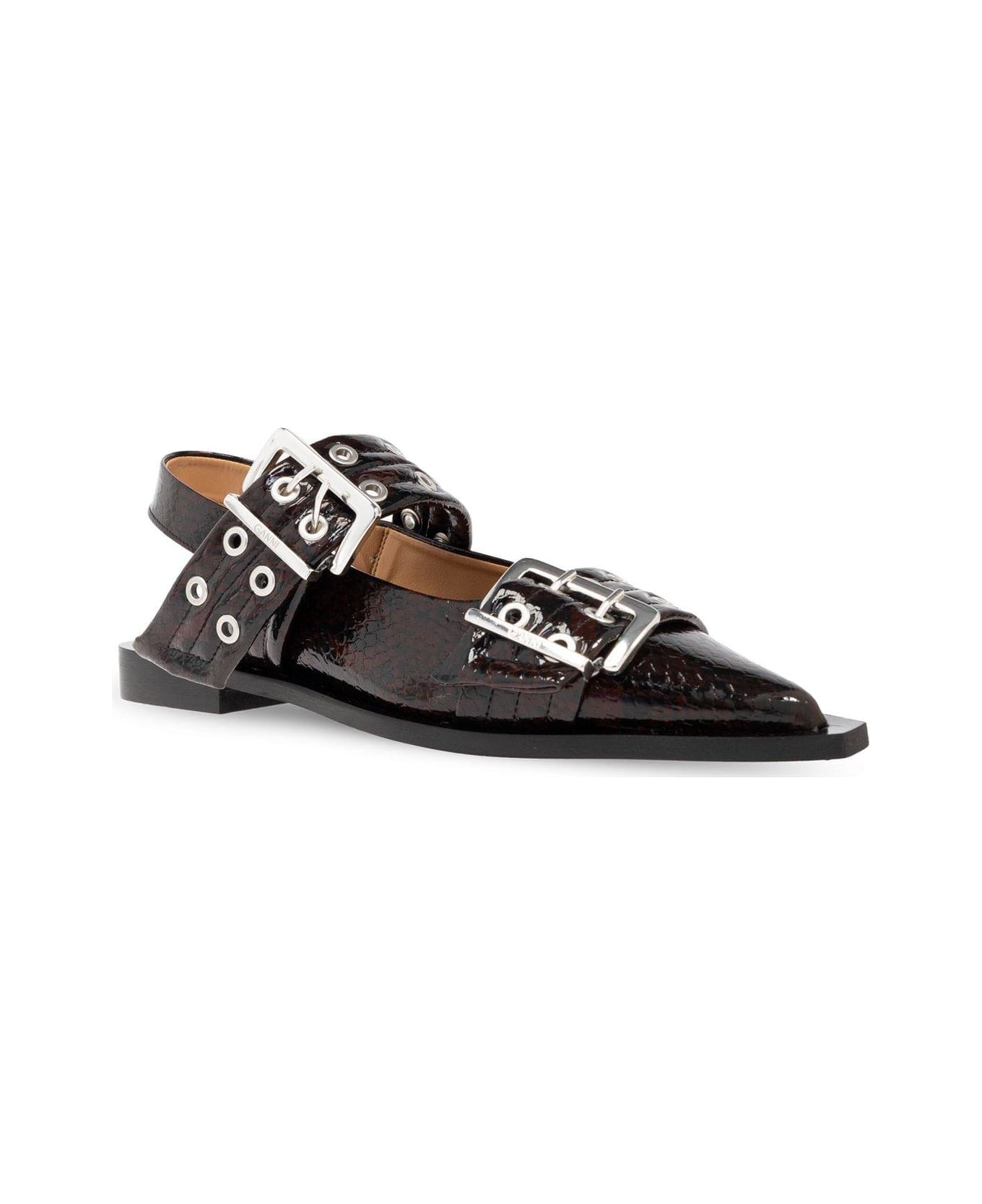 Ganni Buckle Pointed-toe Ballet Flats - BURGUNDY
