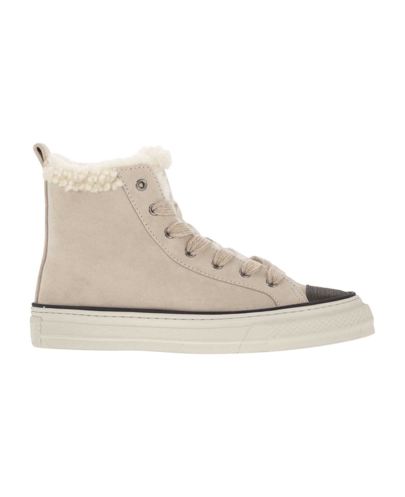 Brunello Cucinelli Suede Trainers With Shearling Lining And Jewelled Toe Cap - Ivory