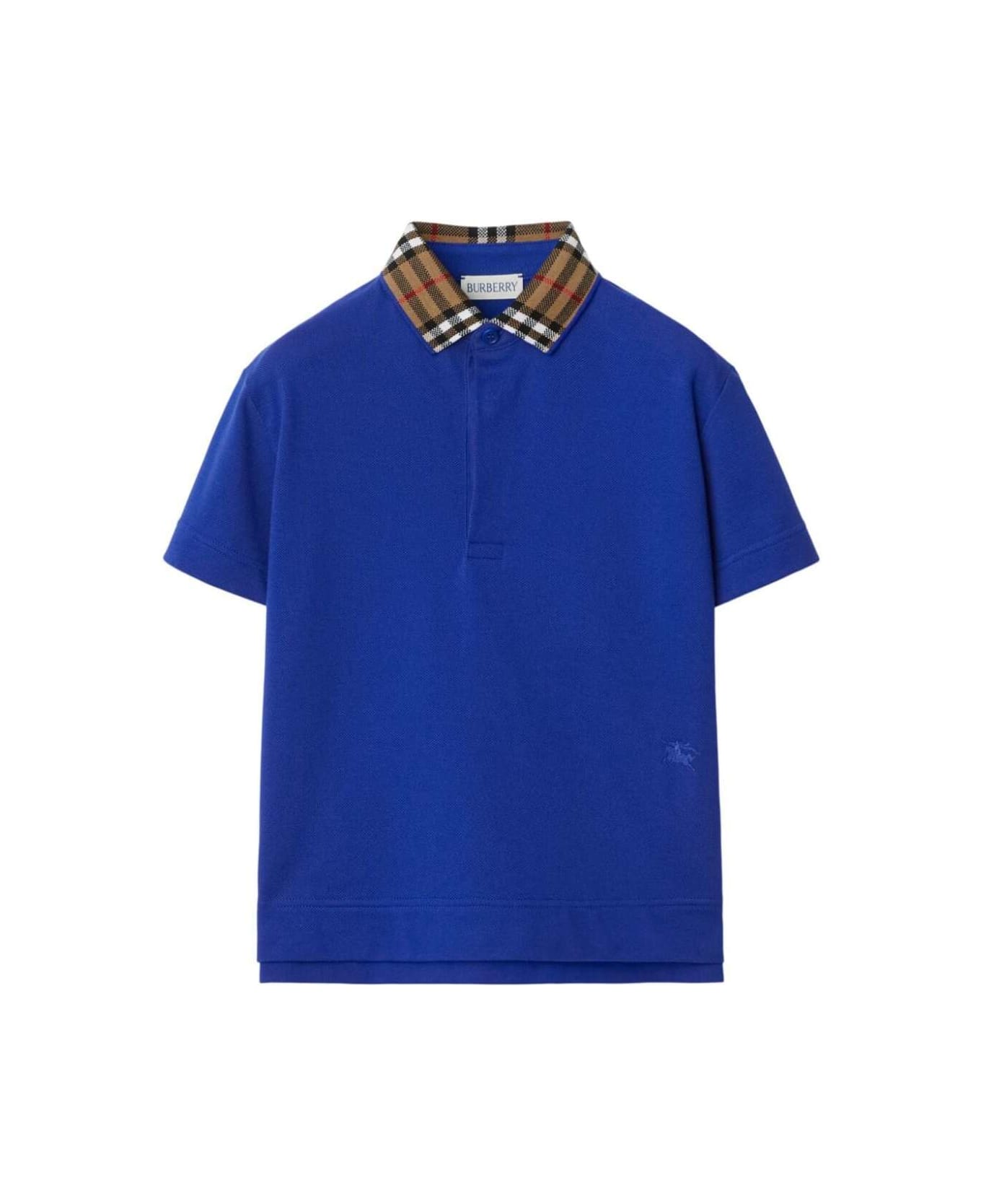 Burberry 'johane' Blue Polo Shirt With Check Collar In Cotton Boy - Blu