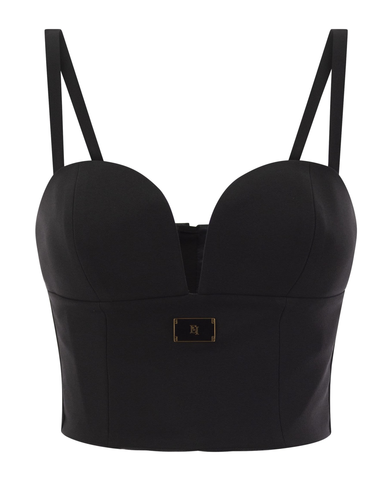 Elisabetta Franchi Stretch Crepe Bustier Top With Enamelled Logo Plaque - Black