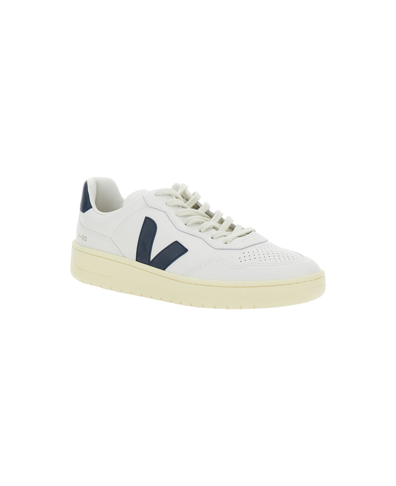 Veja 'v-90' White Low Top Sneakers With Logo Patch In Leather Man - White