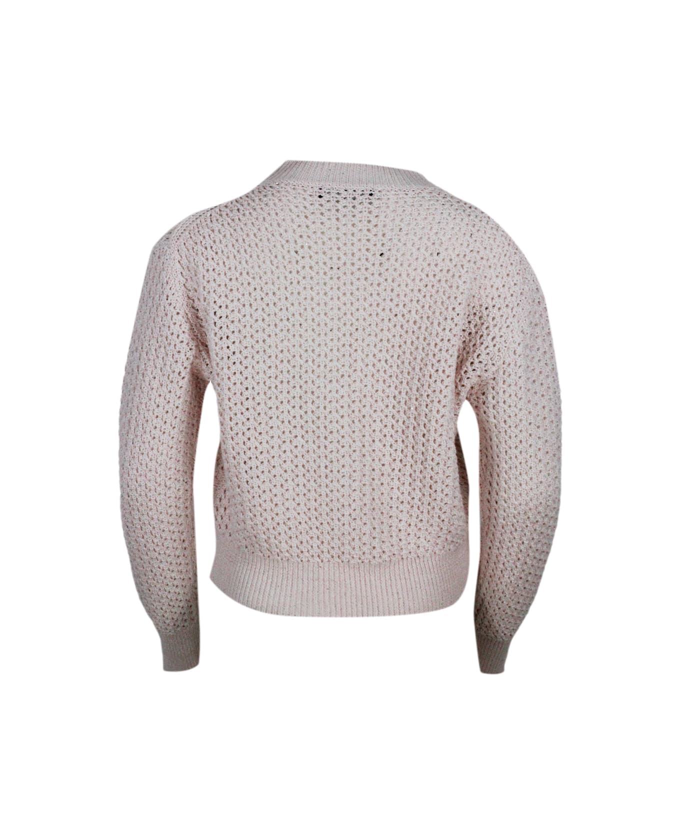 Fabiana Filippi Long-sleeved Crew-neck Sweater In Cotton And Linen With Loose-weave Workmanship With Microsequins - Pink ニットウェア