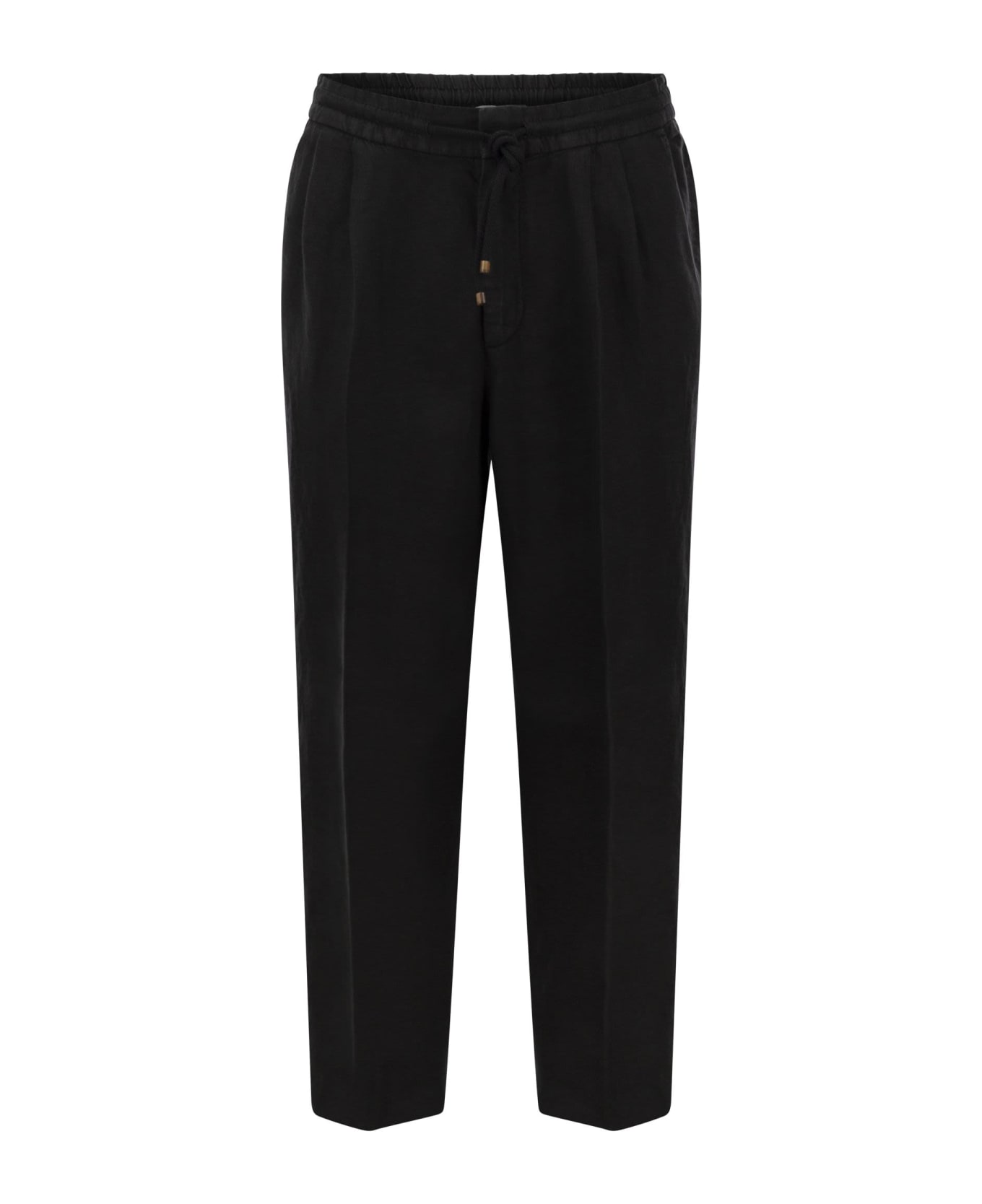 Brunello Cucinelli Leisure Fit Trousers In Linen Gabardine With Drawstring And Double Darts - Black ボトムス