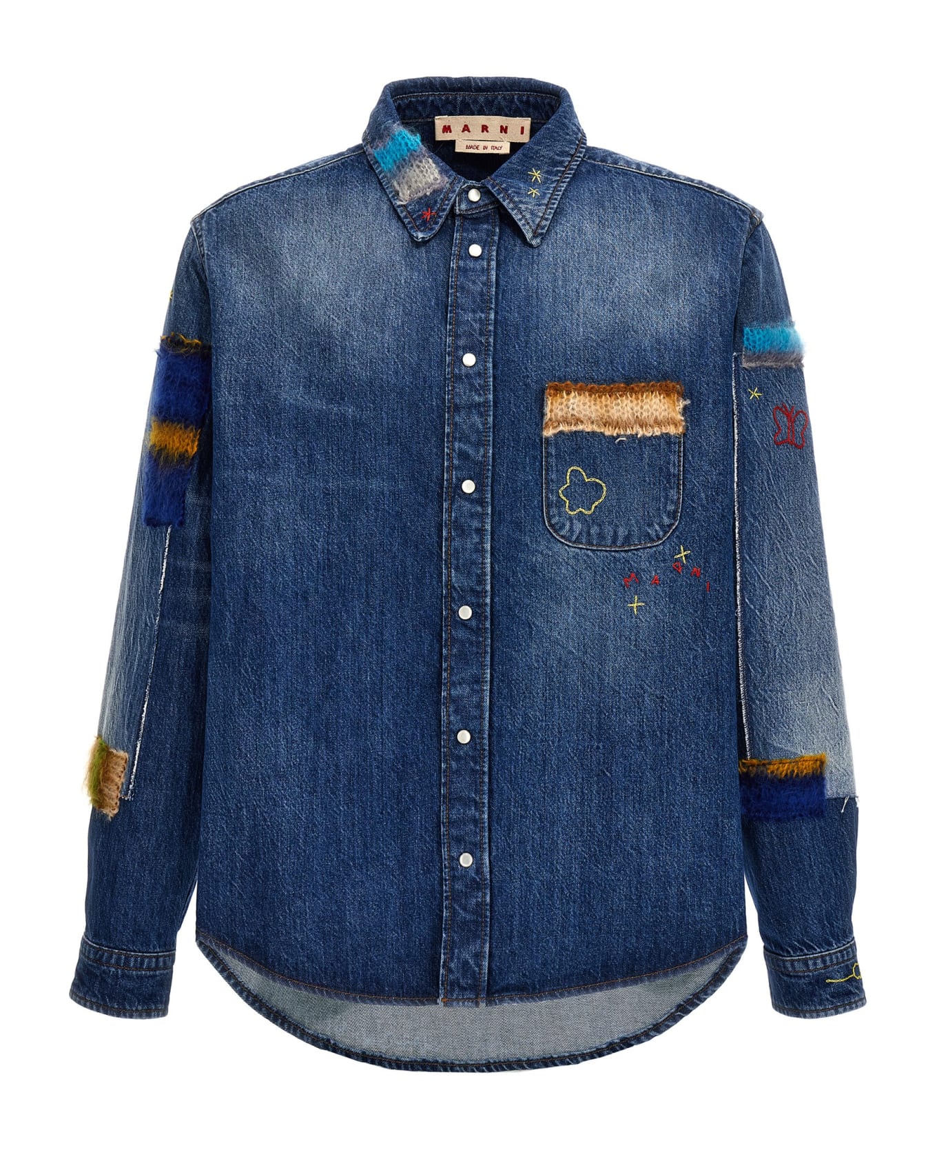 Marni Denim Shirt, Embroidery And Patches - Blu