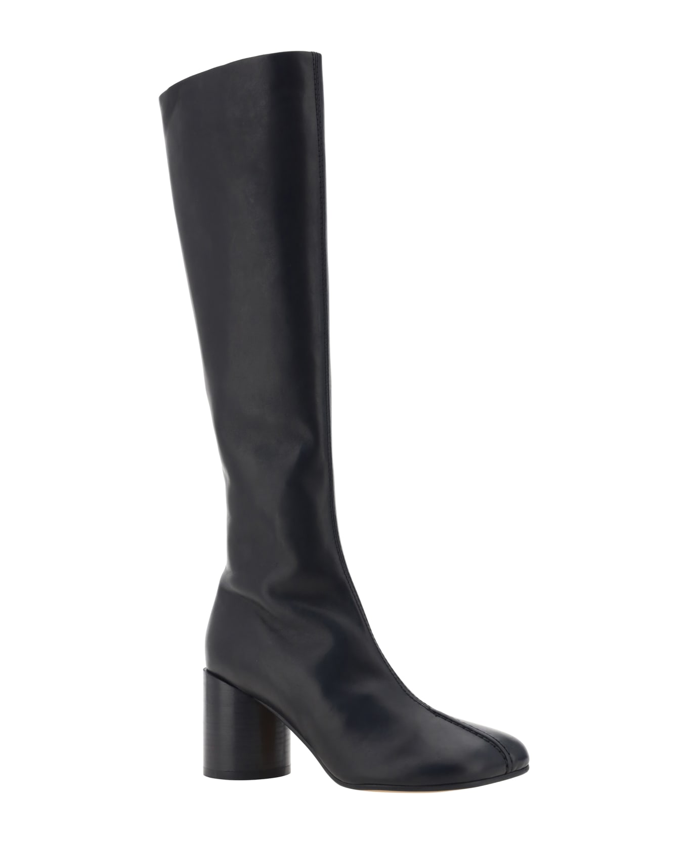 MM6 Maison Margiela Knee-high Black Leather Boots With Anatomic Toe And Upper Stitching - Black