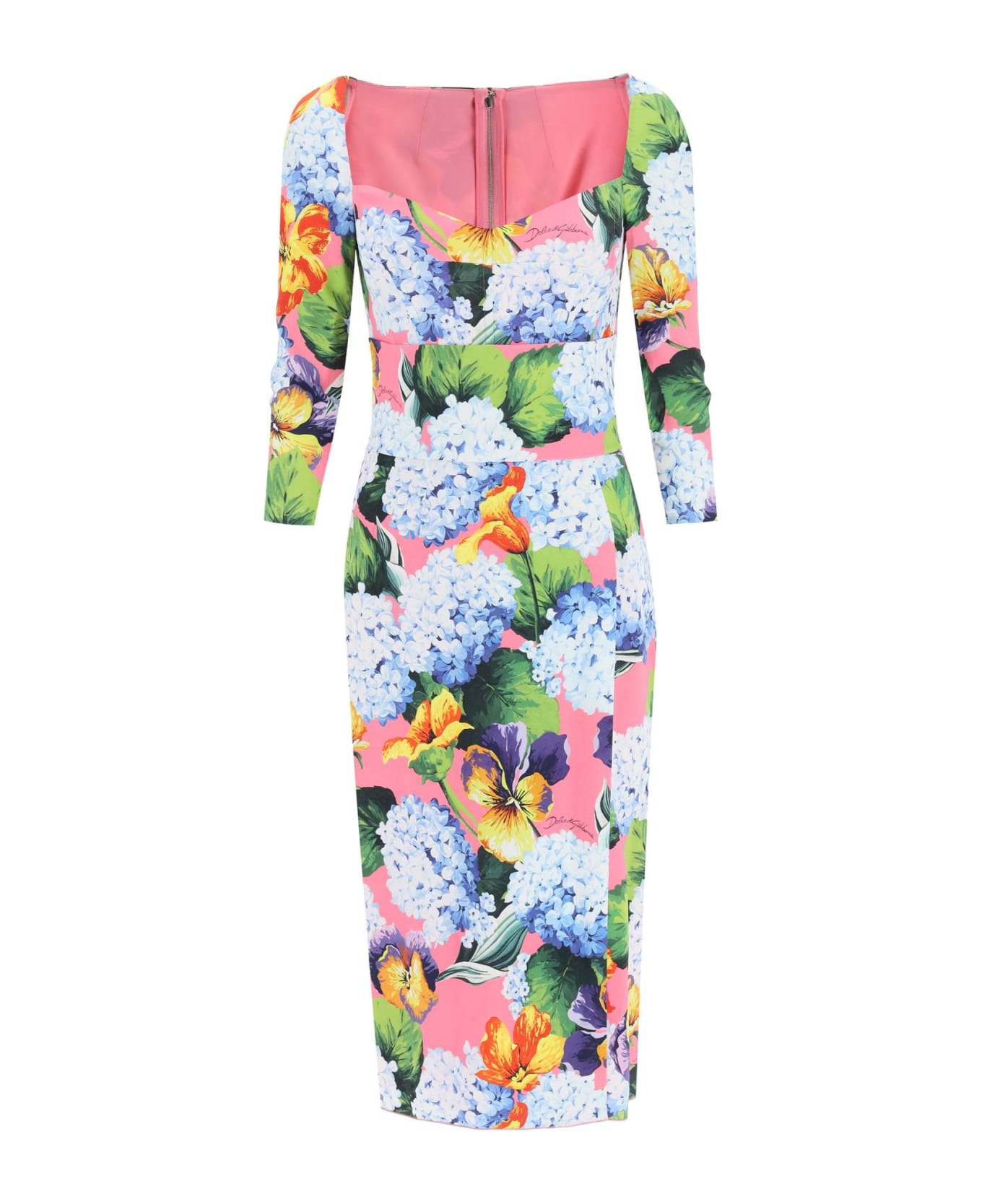 Dolce & Gabbana Hydragea-print Calf-length Cady Dress - ORTENSIE VIOLETTE (Yellow)