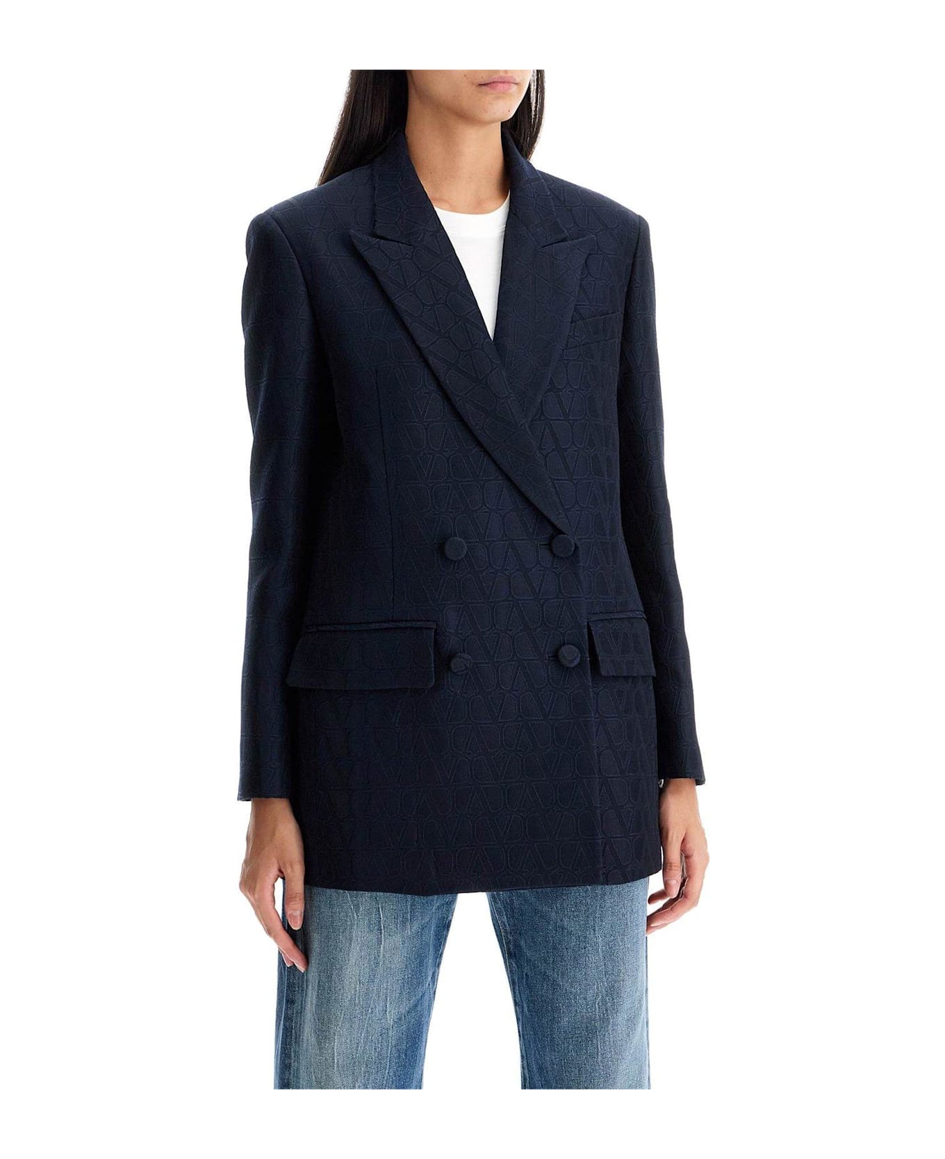 Valentino Double-breasted Long-sleeved Blazer - Navy