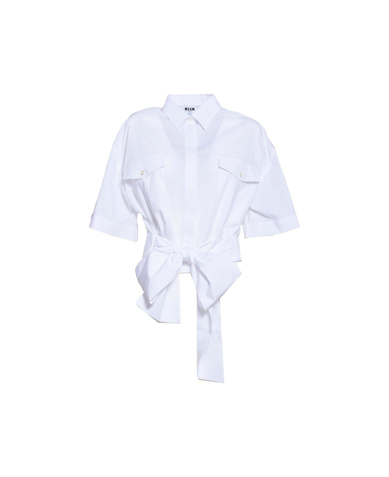 MSGM Pussy Bow Detailed Cropped Shirt - WHITE