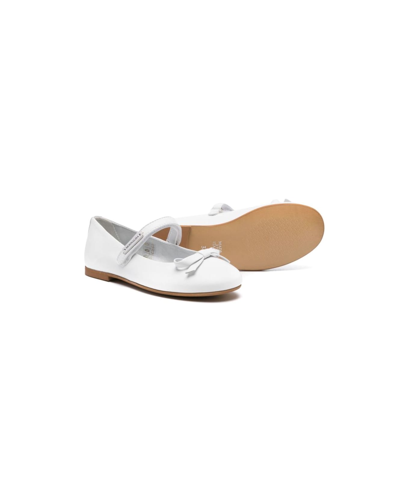 Monnalisa White Ballet Shoes Wih Bow Detail On The Front And Touch-strap Closure In Leather Girl - White