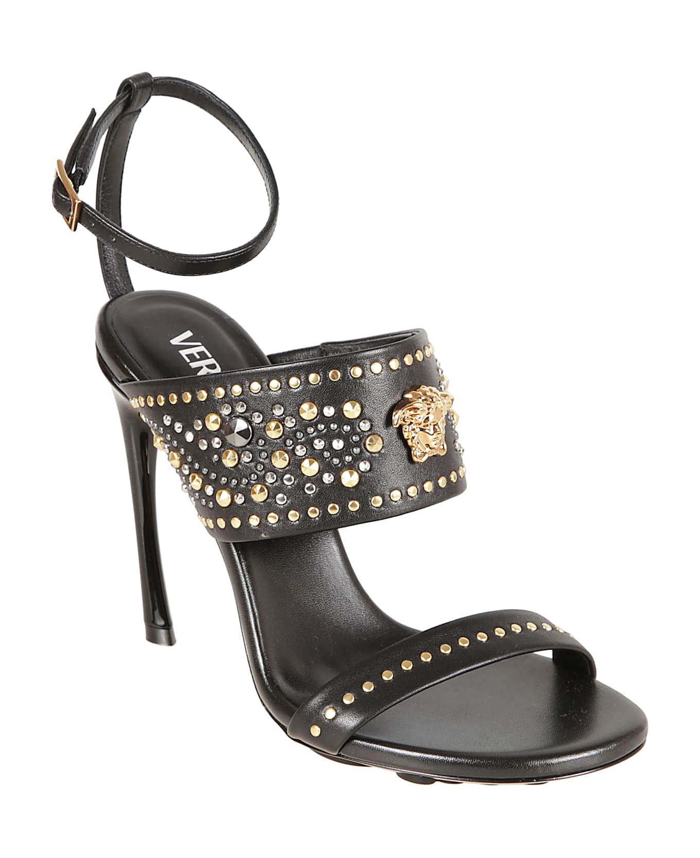 Versace La Medusa 105 Studded Leather Sandals - Black-Versace Gold+Palladium