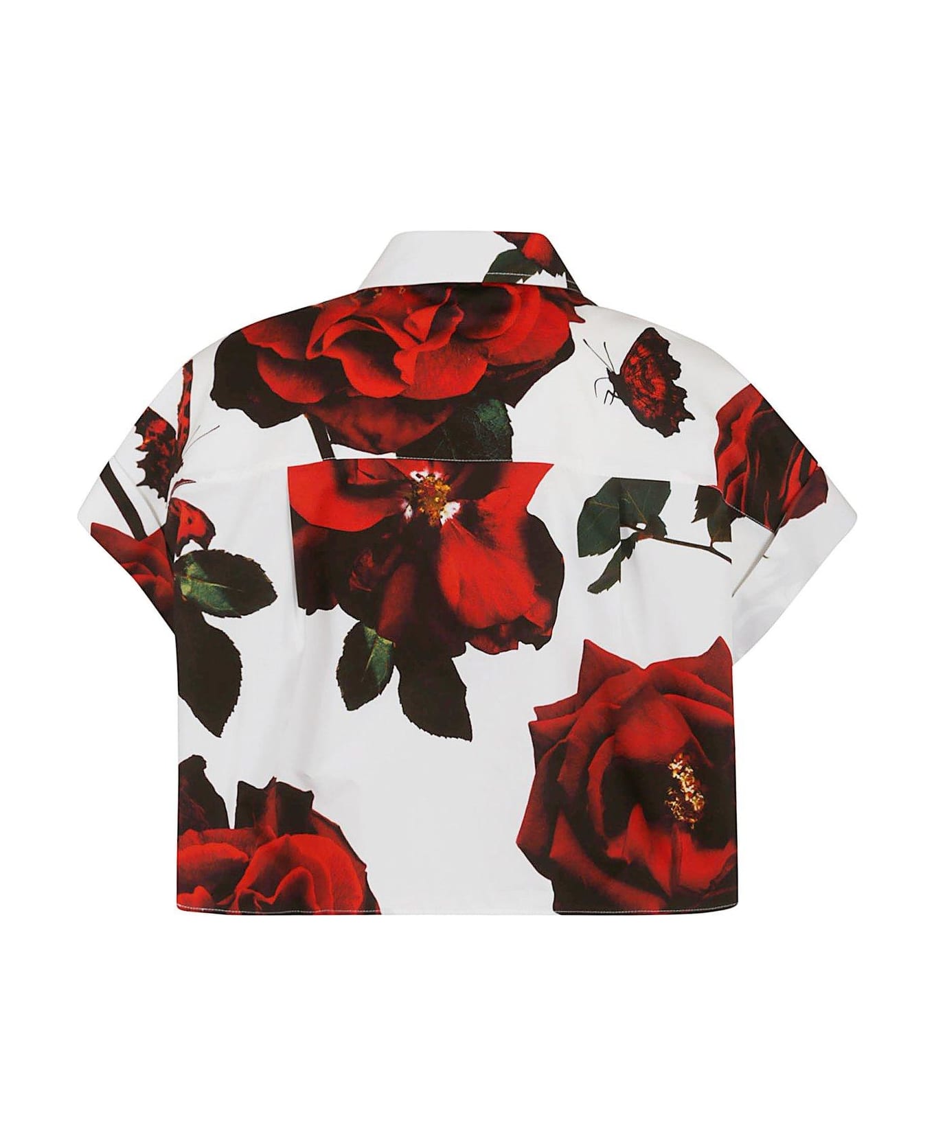 Alexander McQueen Rose-printed Short Sleeved Cropped Shirt - White