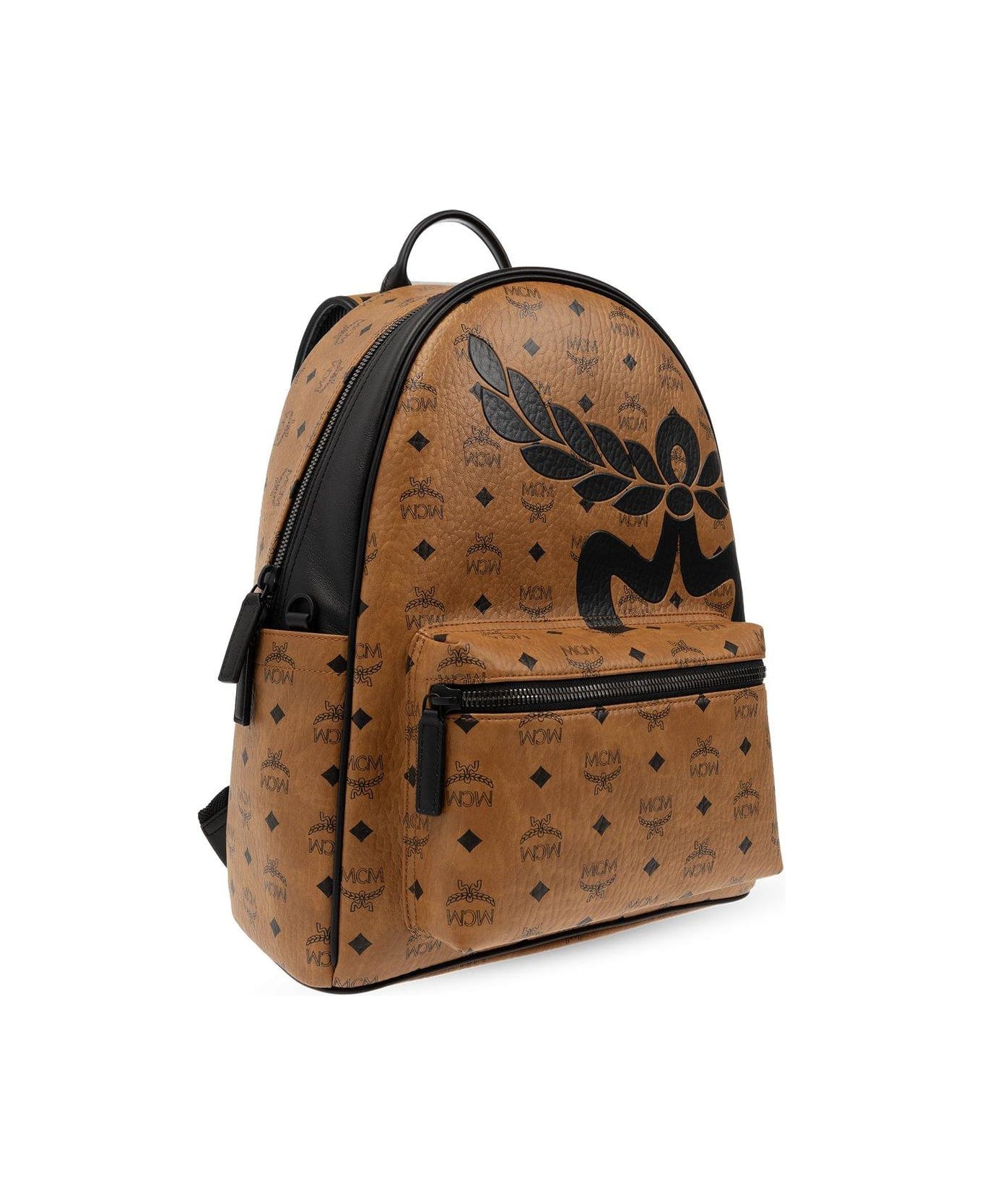 MCM Medium Stark Mega Laurel Visetos Zipped Backpack - BROWN/BLACK