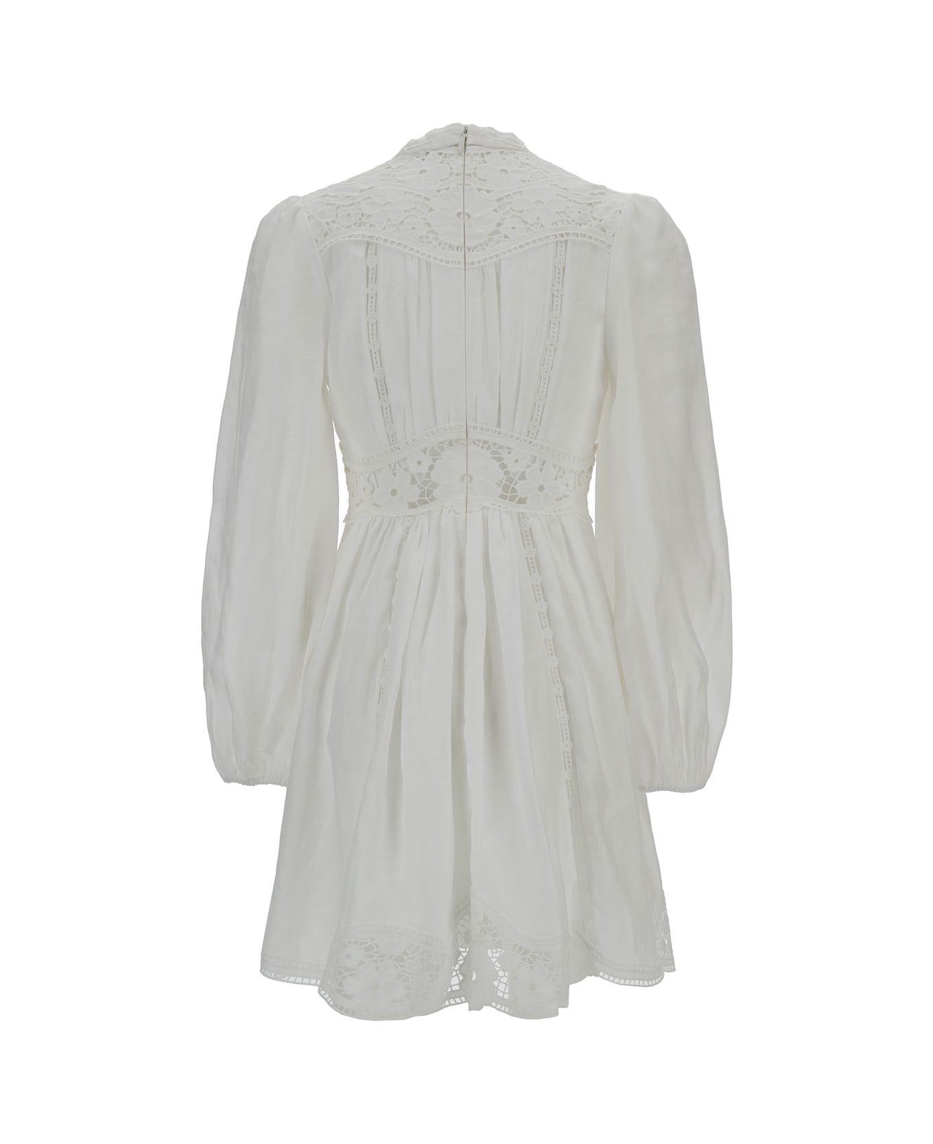 Zimmermann Mini White Dress With Embroideries And Puff Sleeves In Linen Woman - Bianco