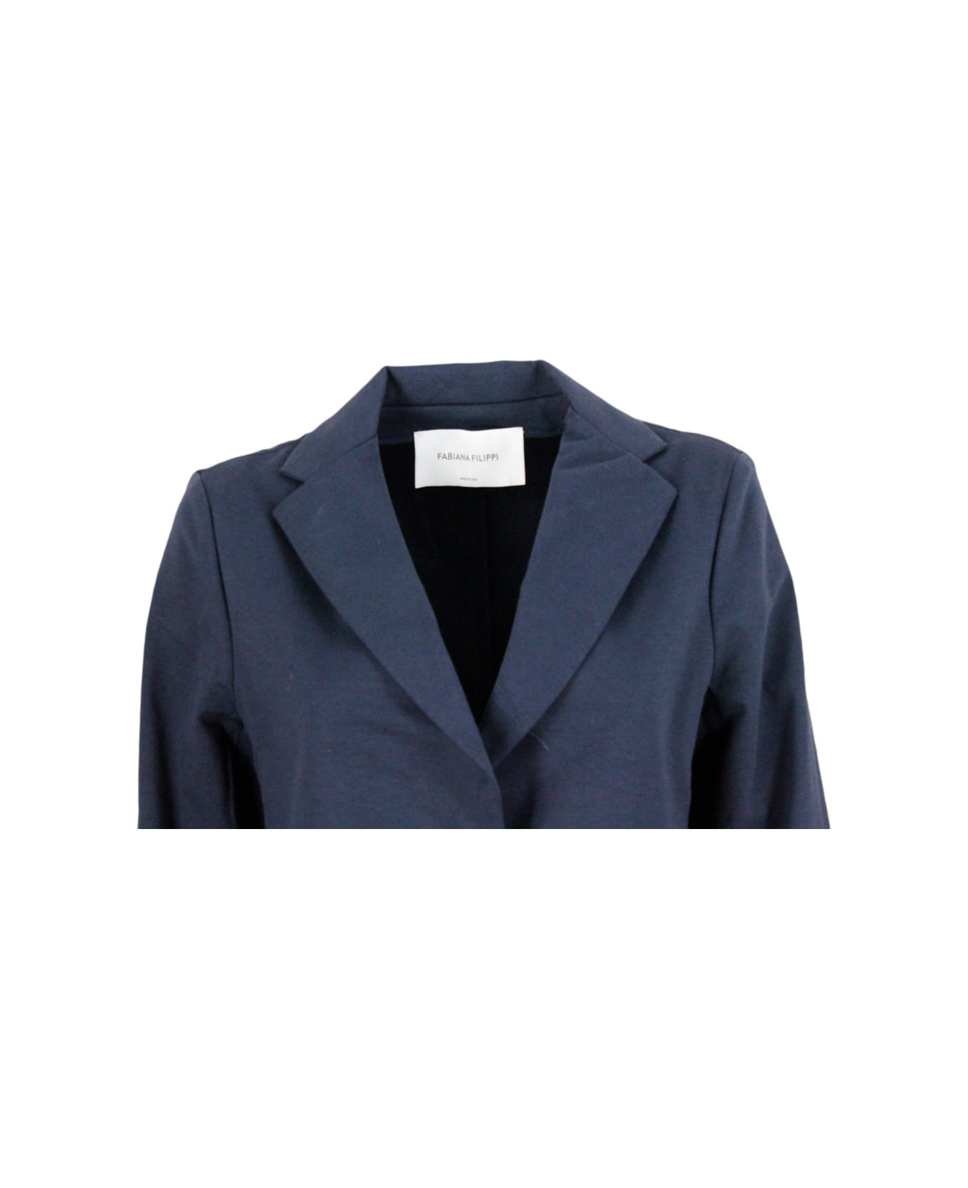 Fabiana Filippi Single-breasted Blazer Jacket In Stretch Cotton Jersey With Three-quarter Sleeves Embellished With Sparkling Monili On The Neck - Blu