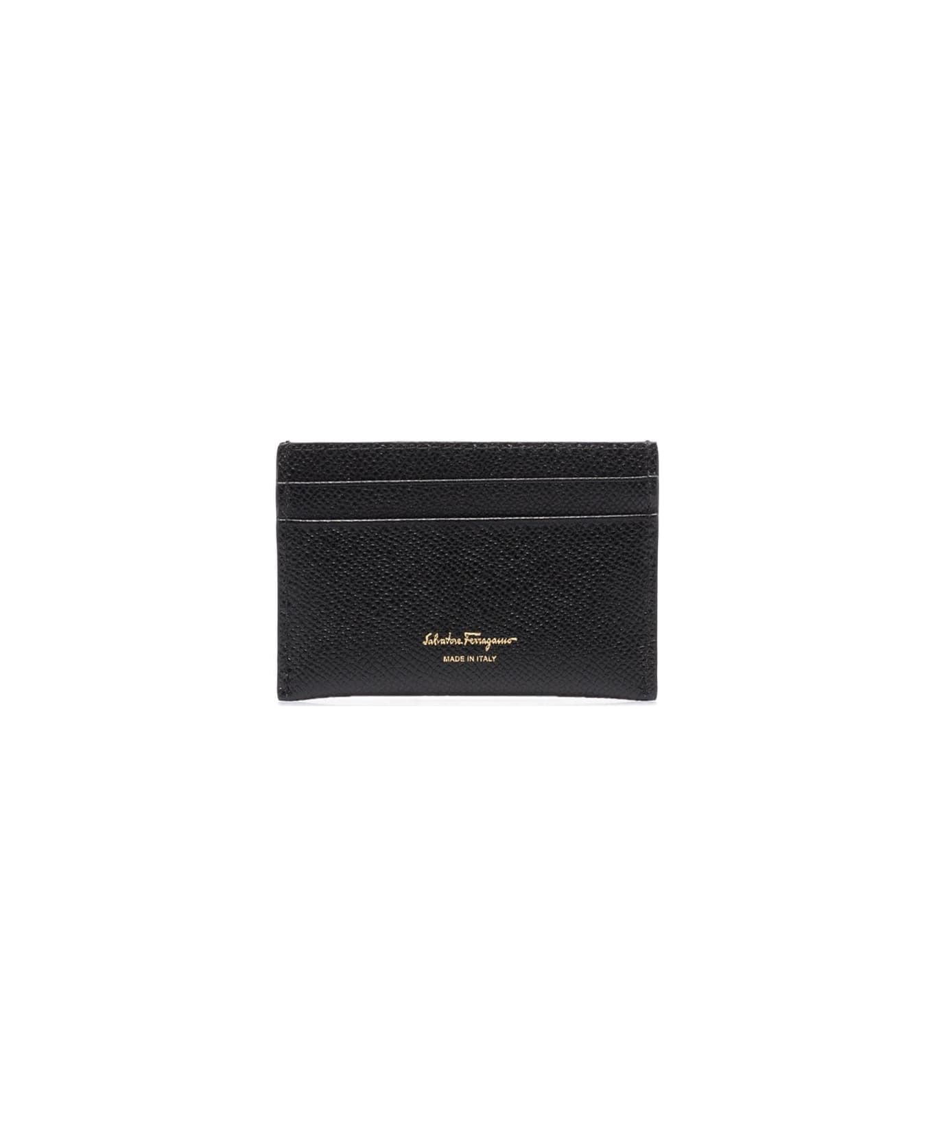 Ferragamo Black Card-holder With Gancini Detail In Hammered Leather Woman - BLACK