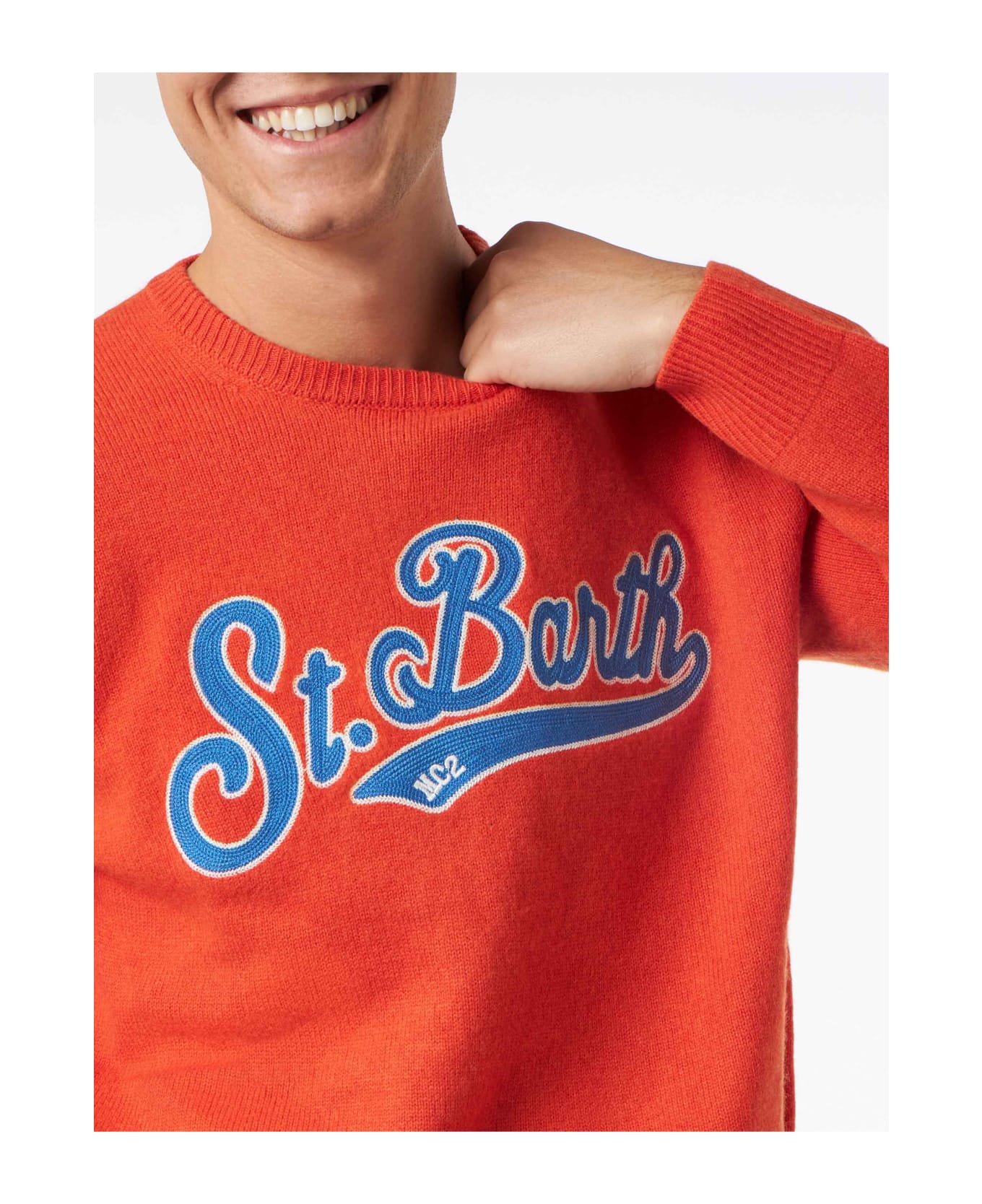 MC2 Saint Barth Man Crewneck Orange Sweater With St. Barth Embroidery - ORANGE