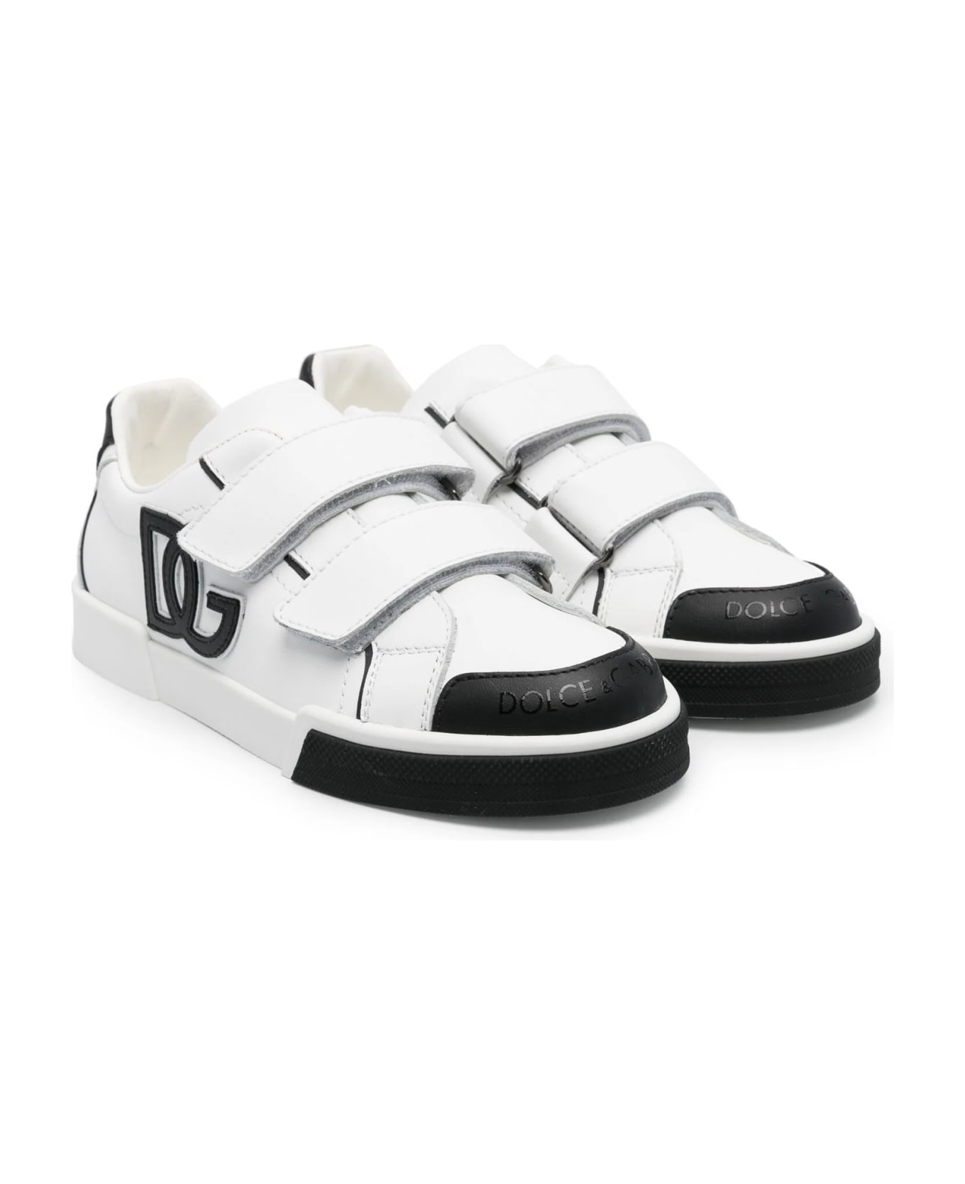 Dolce & Gabbana White And Black Sneakers With Dg Logo - Bianco