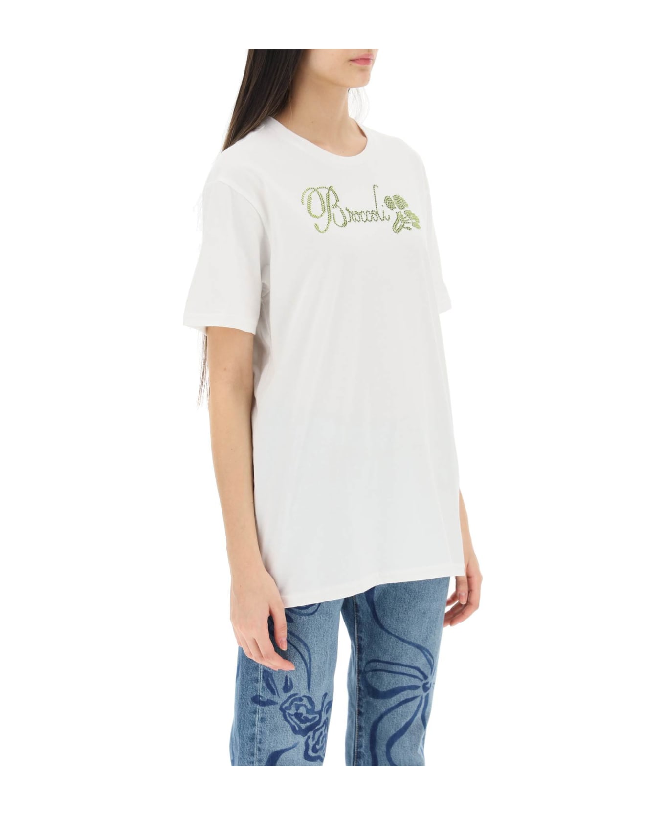 Collina Strada Organic Cotton T-shirt With Rhinestones - BROCCOLI (White)