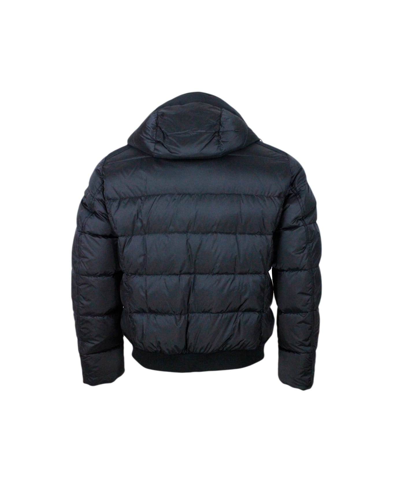 Moorer Bomber Jacket Padded With Goose Feathers With Removable Hood And Collar In Curly Sheepskin, Front And Shoulders In Material, Closure With Zip And Butt - Blu