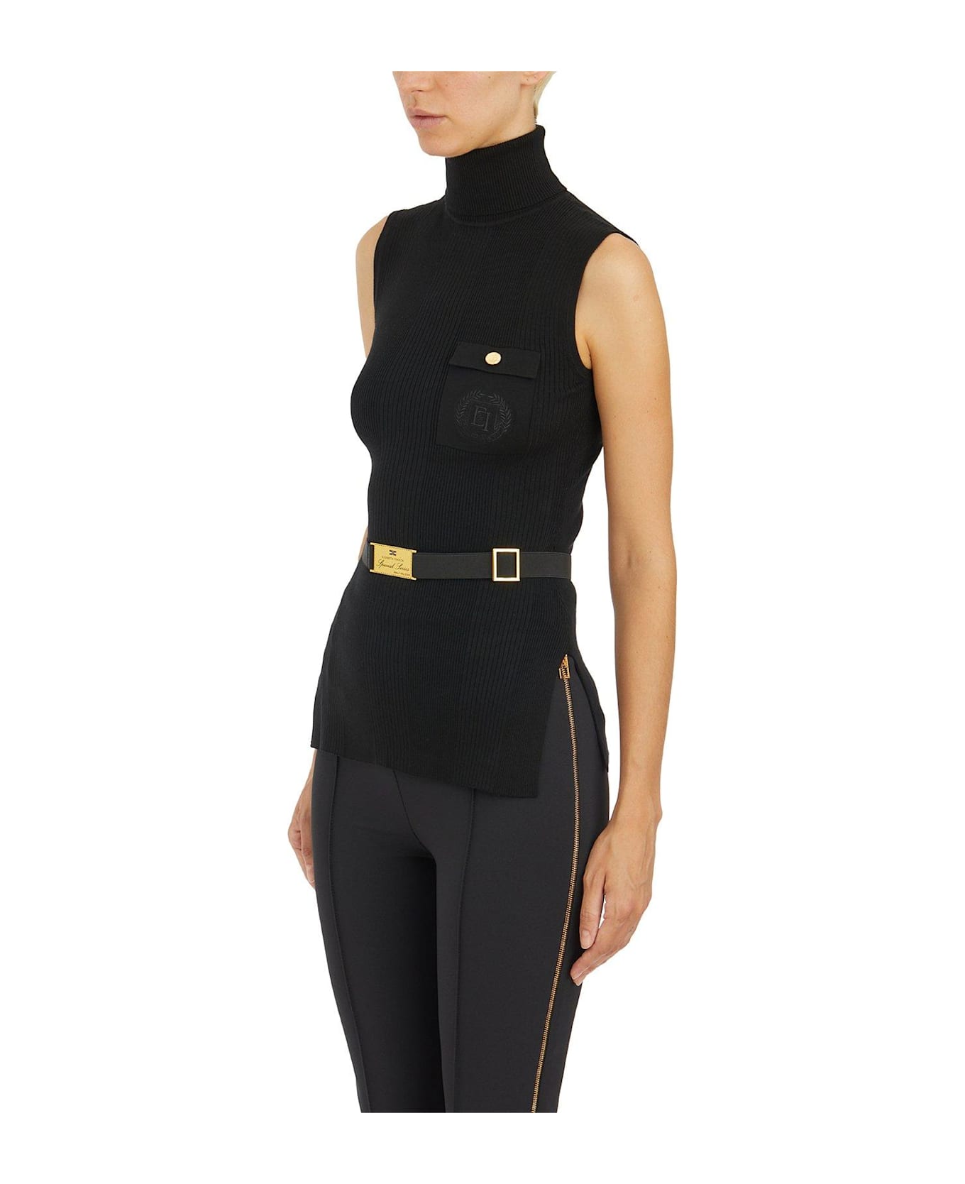 Elisabetta Franchi Logo Embroidered Narrow-ribbed Turtleneck Top - Nero